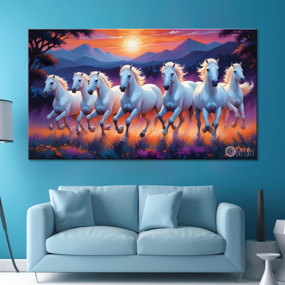 White running horses on the field with mountains and trees in sunrise and purple textured background art Canvas Painting - Design - Horse-95