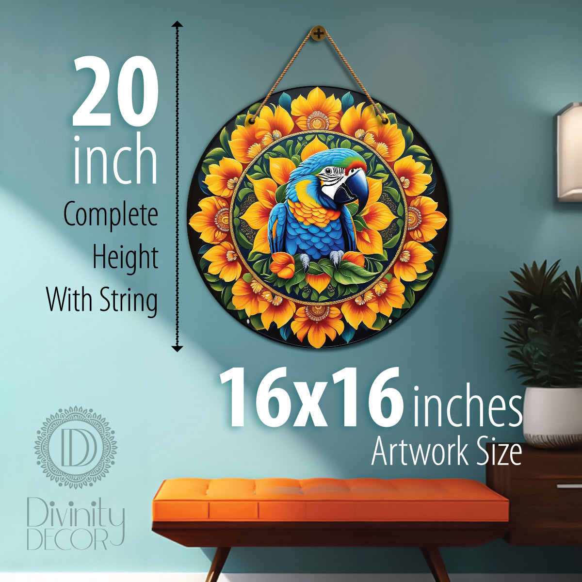 Parrot in green and floral mandala Round Wooden Wall Hanging for wall Décor - Design - 95