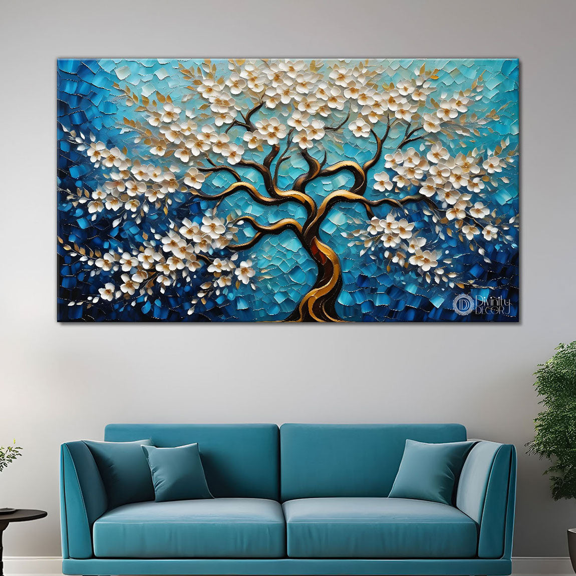 White flower tree in textured background oil painting Canvas Painting - Design - Tree-95