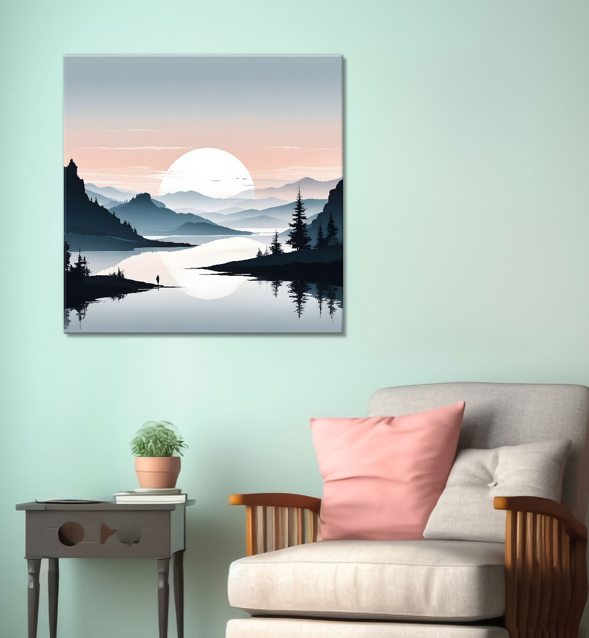 Mountains with sun and trees water colour painting   24X24  - Nature Art -S-95