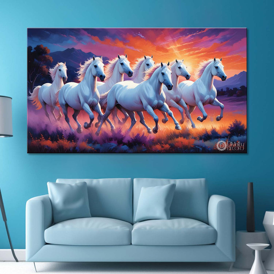 White running horses on the field with mountains and trees in sunrise and purple textured background art Canvas Painting - Design - Horse-96