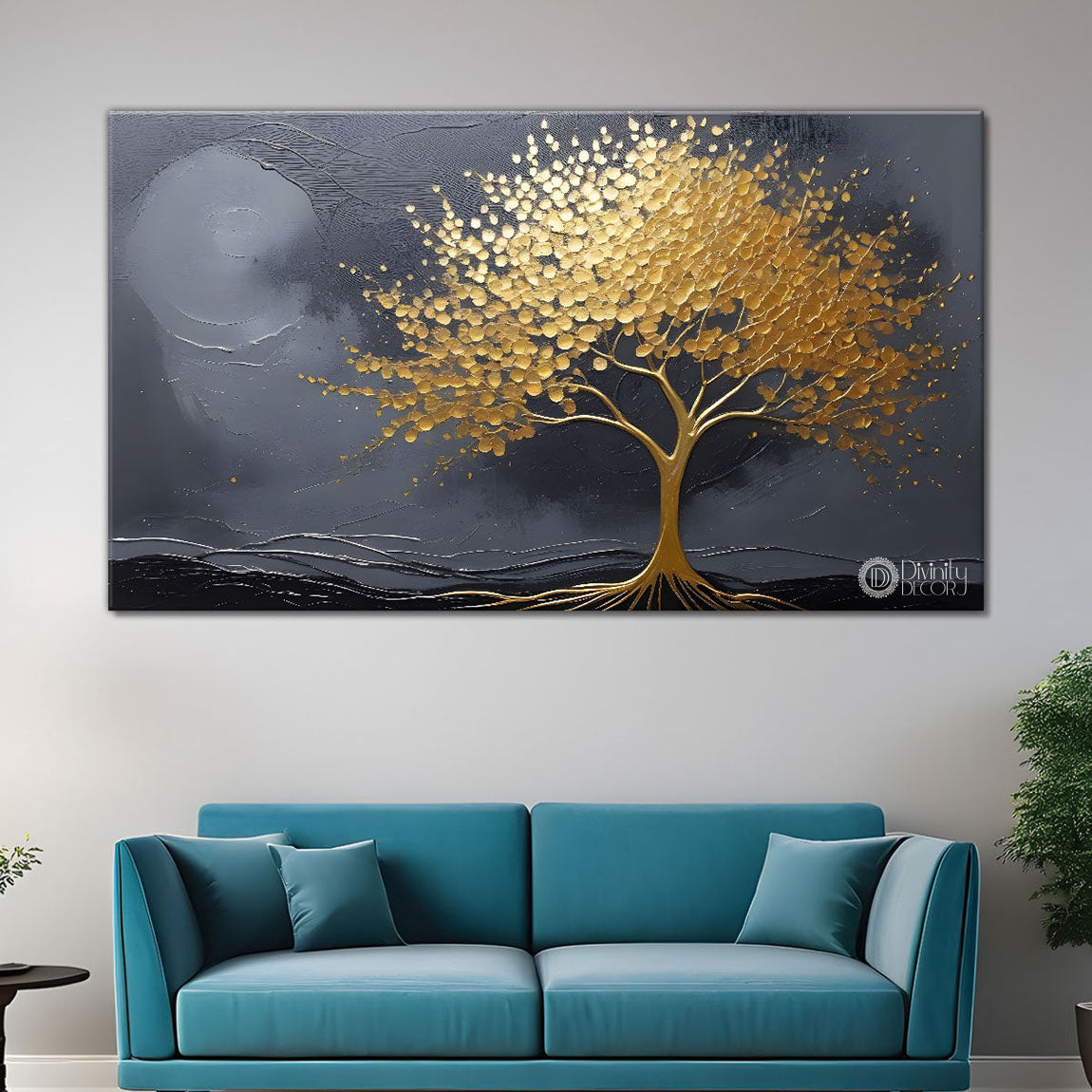 Golden tree in grey textured modern art Canvas Painting - Design - Tree-96
