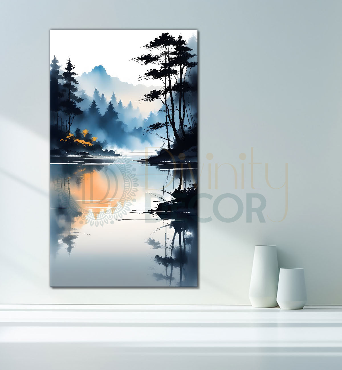 Mountains with lake and trees in  grey white textured water colour painting Canvas Painting - Nature Art -V-96
