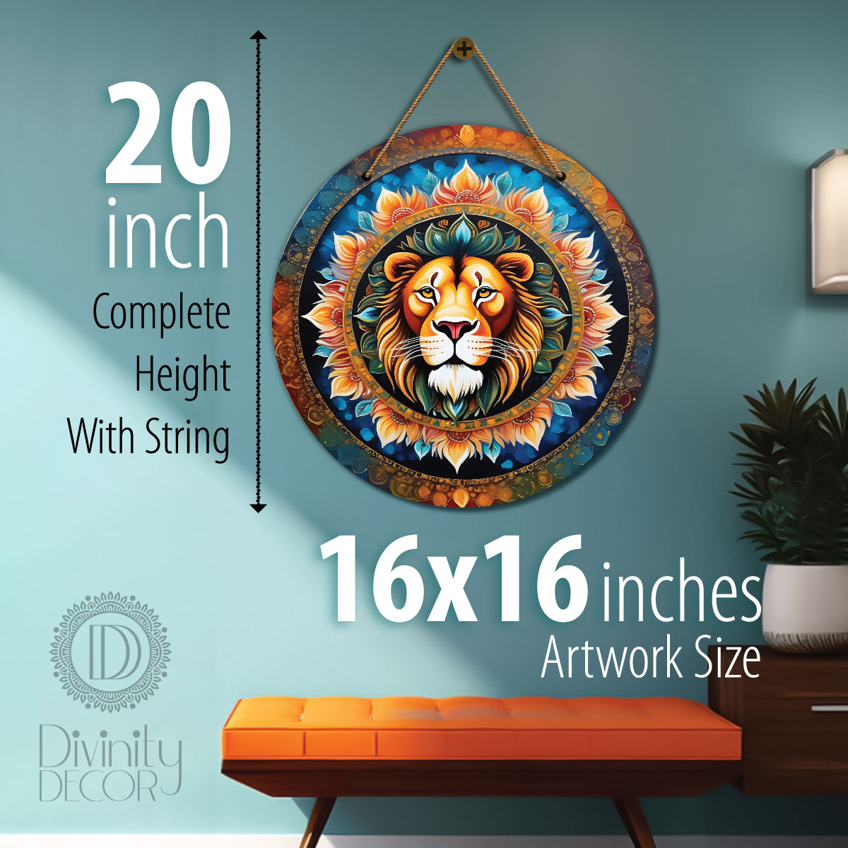Lion in yellow and blue mandala Round Wooden Wall Hanging for wall Décor - Design - 96