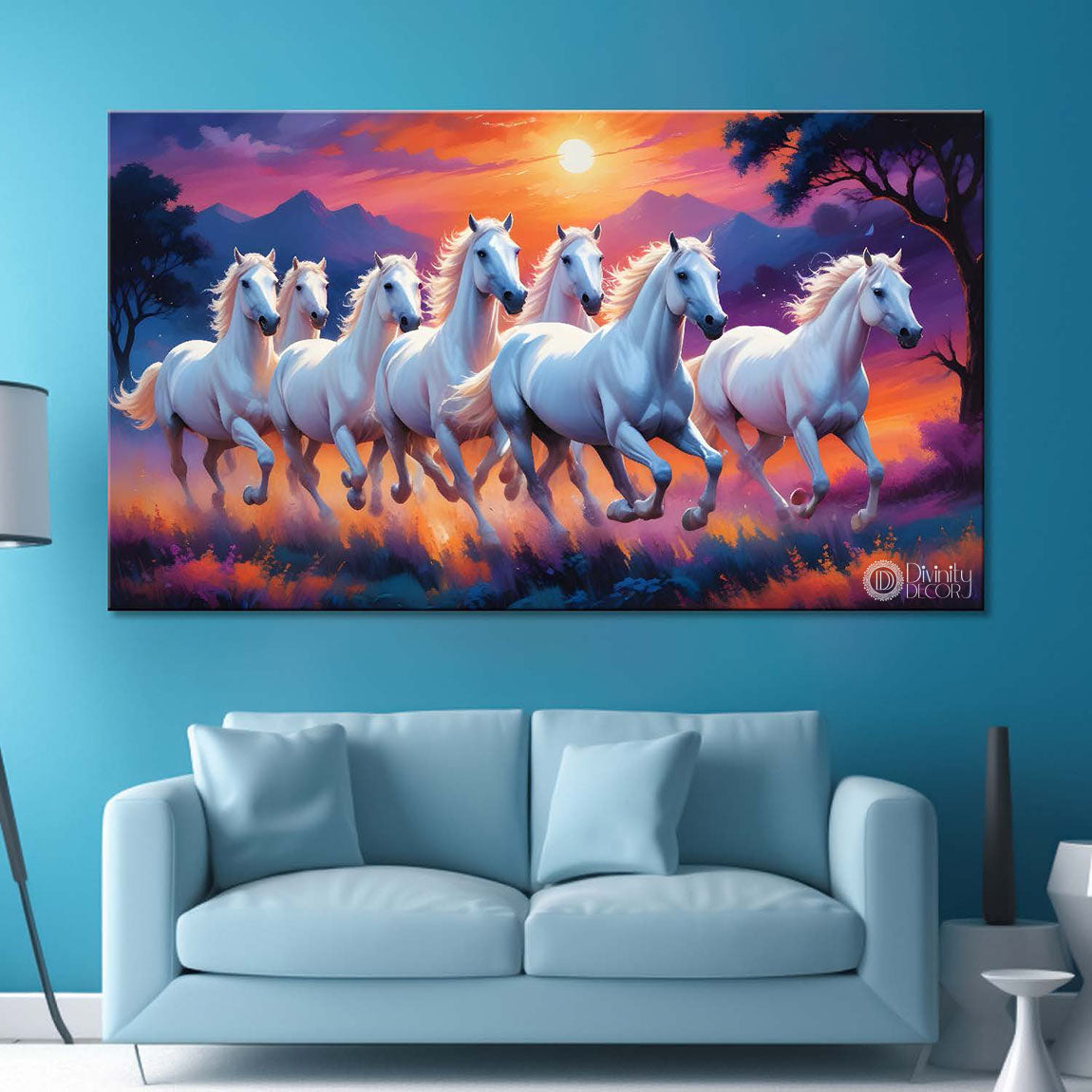 White running horses on the field with mountains and trees in sunrise and purple textured background art Canvas Painting - Design - Horse-97