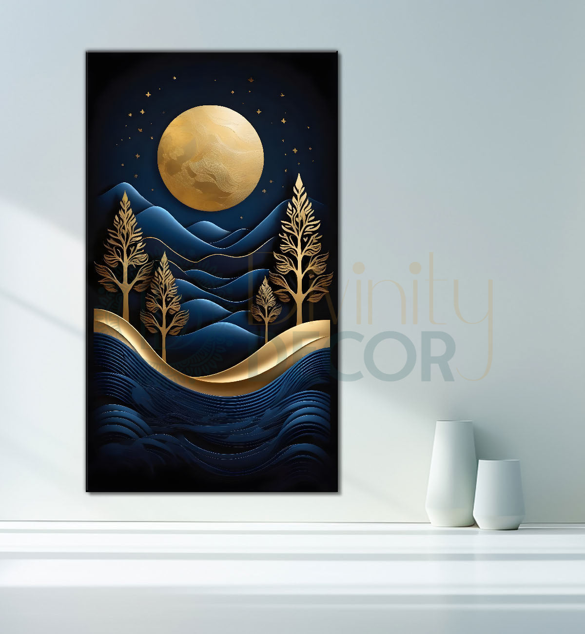 Blue mountains with golden trees and moon in textured painting Canvas Painting - Nature Art -V-97