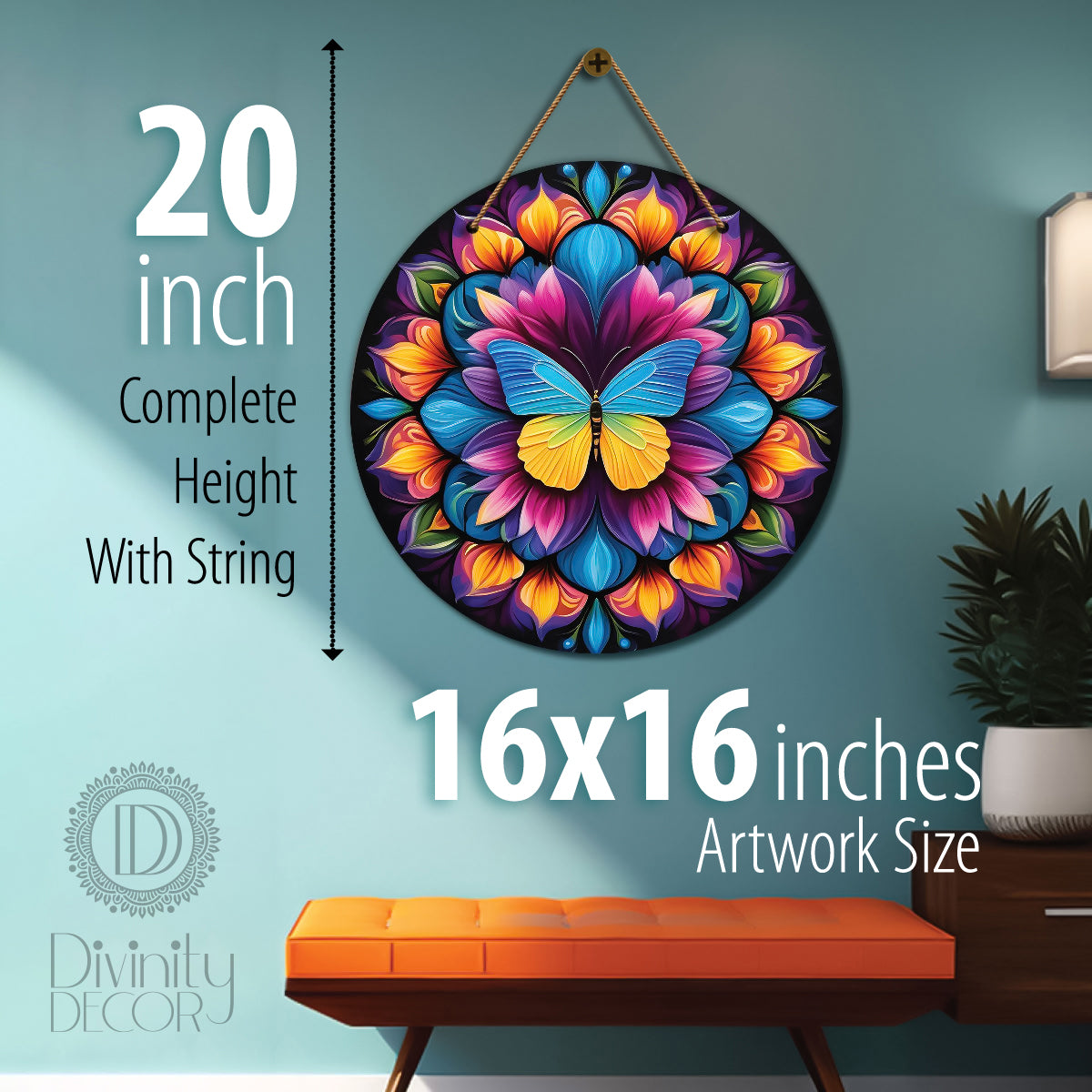 Butterfly in orange and blue mandala Round Wooden Wall Hanging for wall Décor - Design - 97