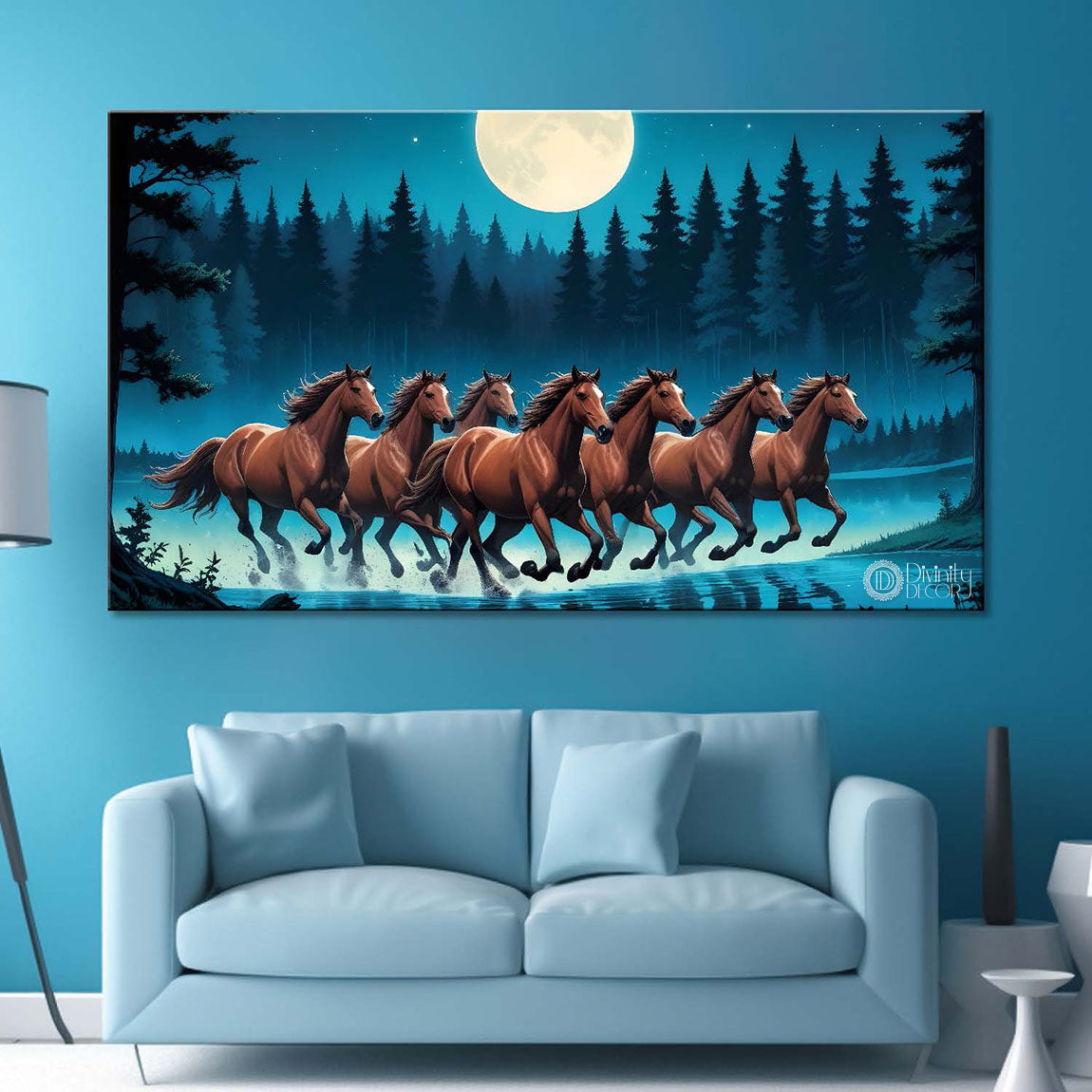 Brown running horses with trees and moon in blue textured background art Canvas Painting - Design - Horse-98