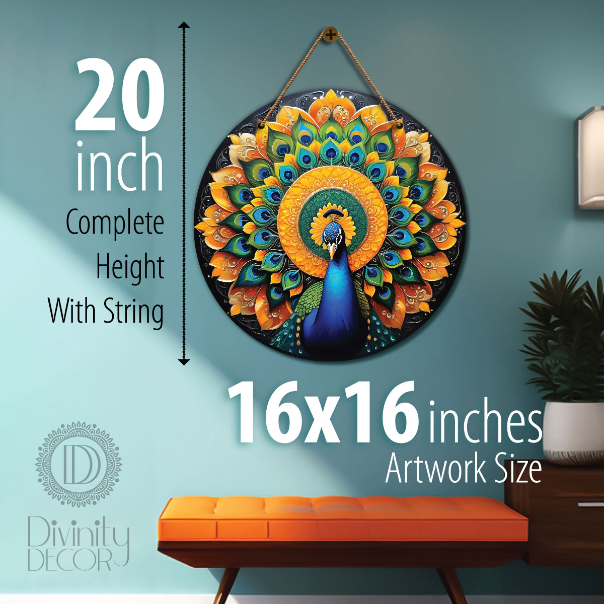 Peacock in green and yellow mandala Round Wooden Wall Hanging for wall Décor - Design - 99