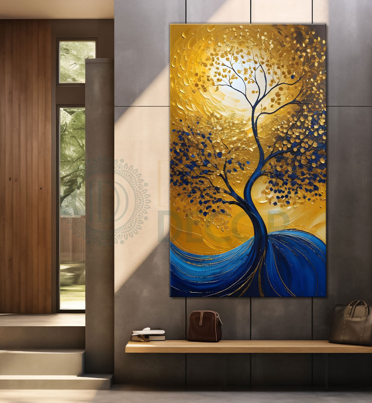Blue tree with golden textured background with sunrise modenr art Canvas painting - Tree-V-9