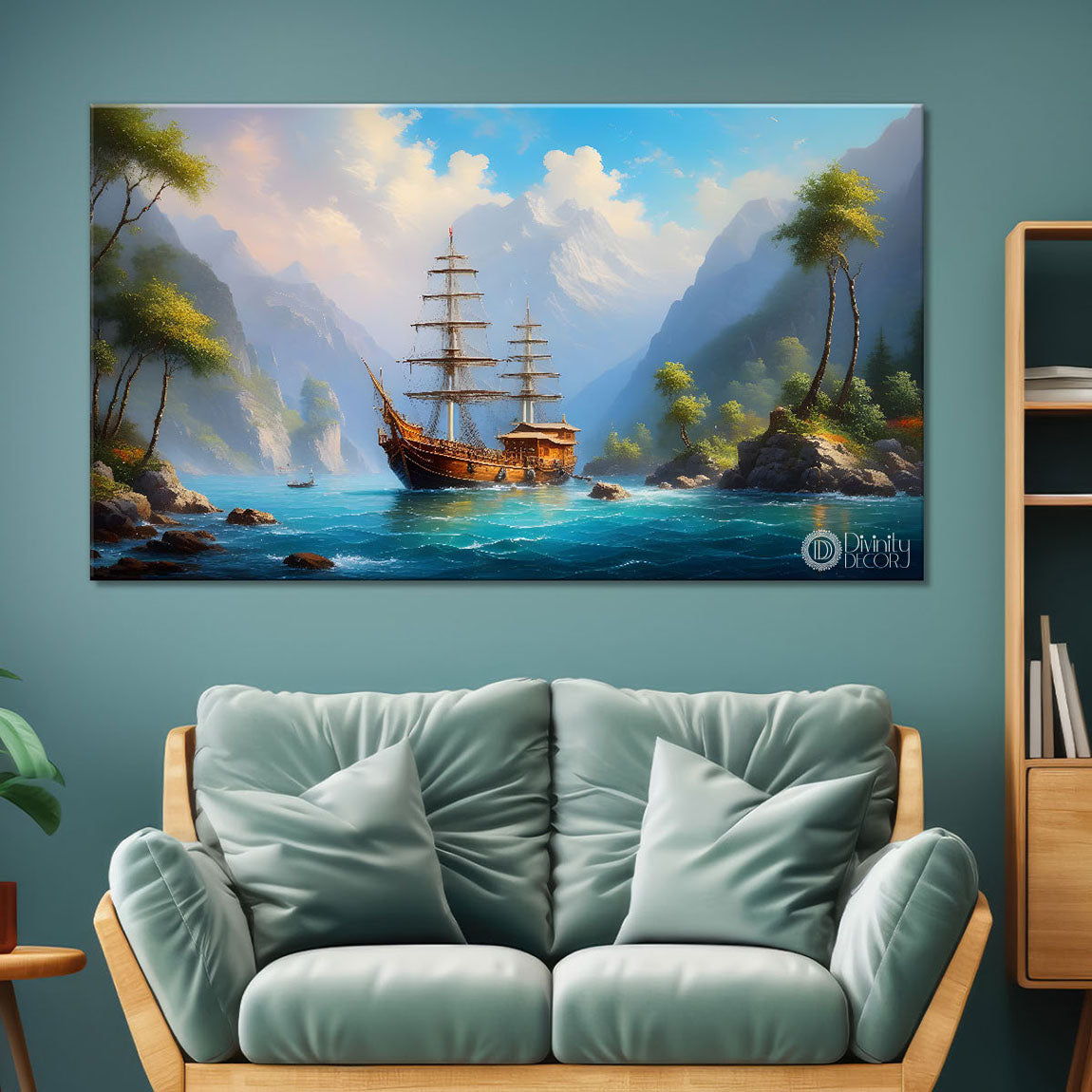 Ship in mountains and ocean scenery textured modern art canvas painting - Design - River-10