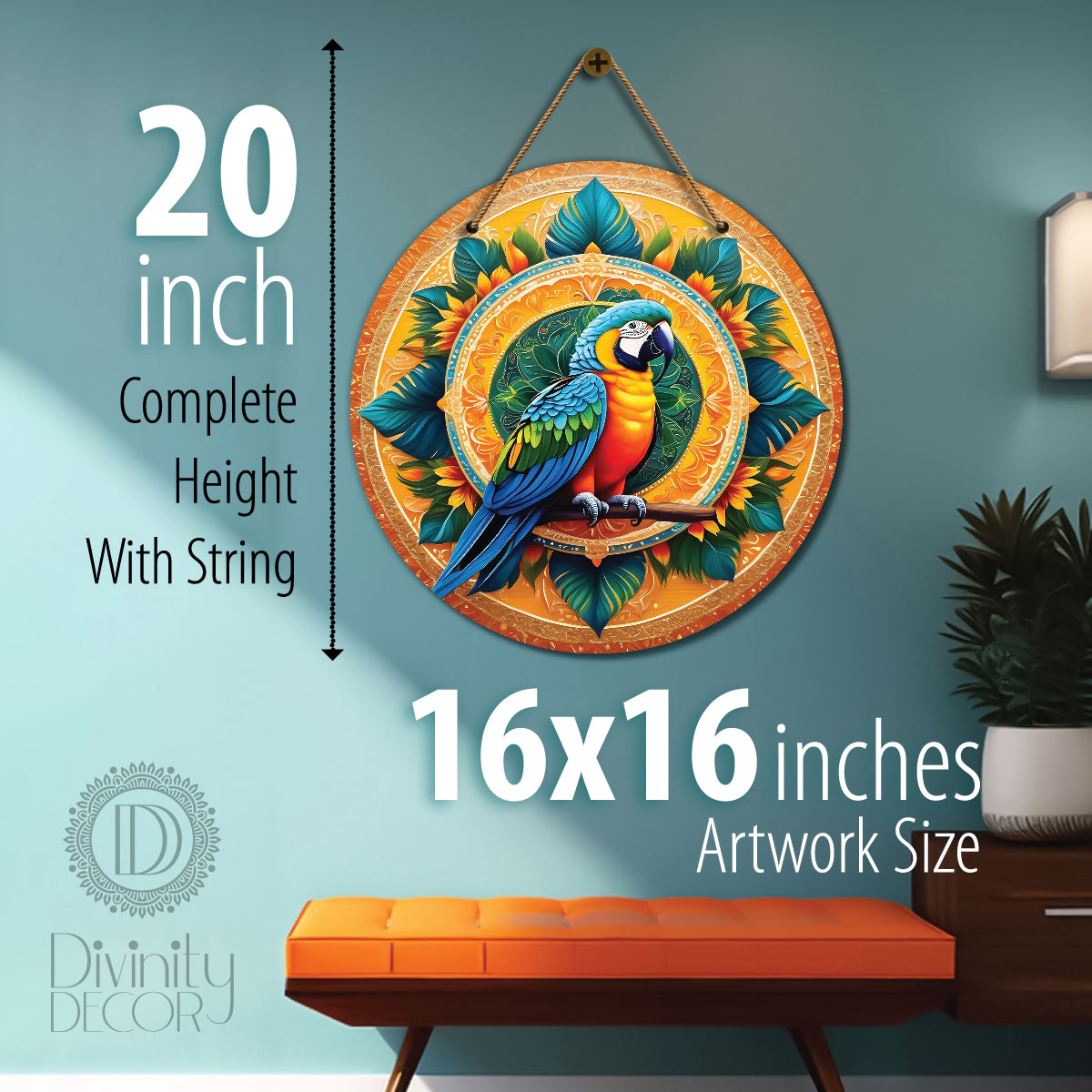 Parrot in green and yellow mandala Round Wooden Wall Hanging for wall Décor - Design - 100