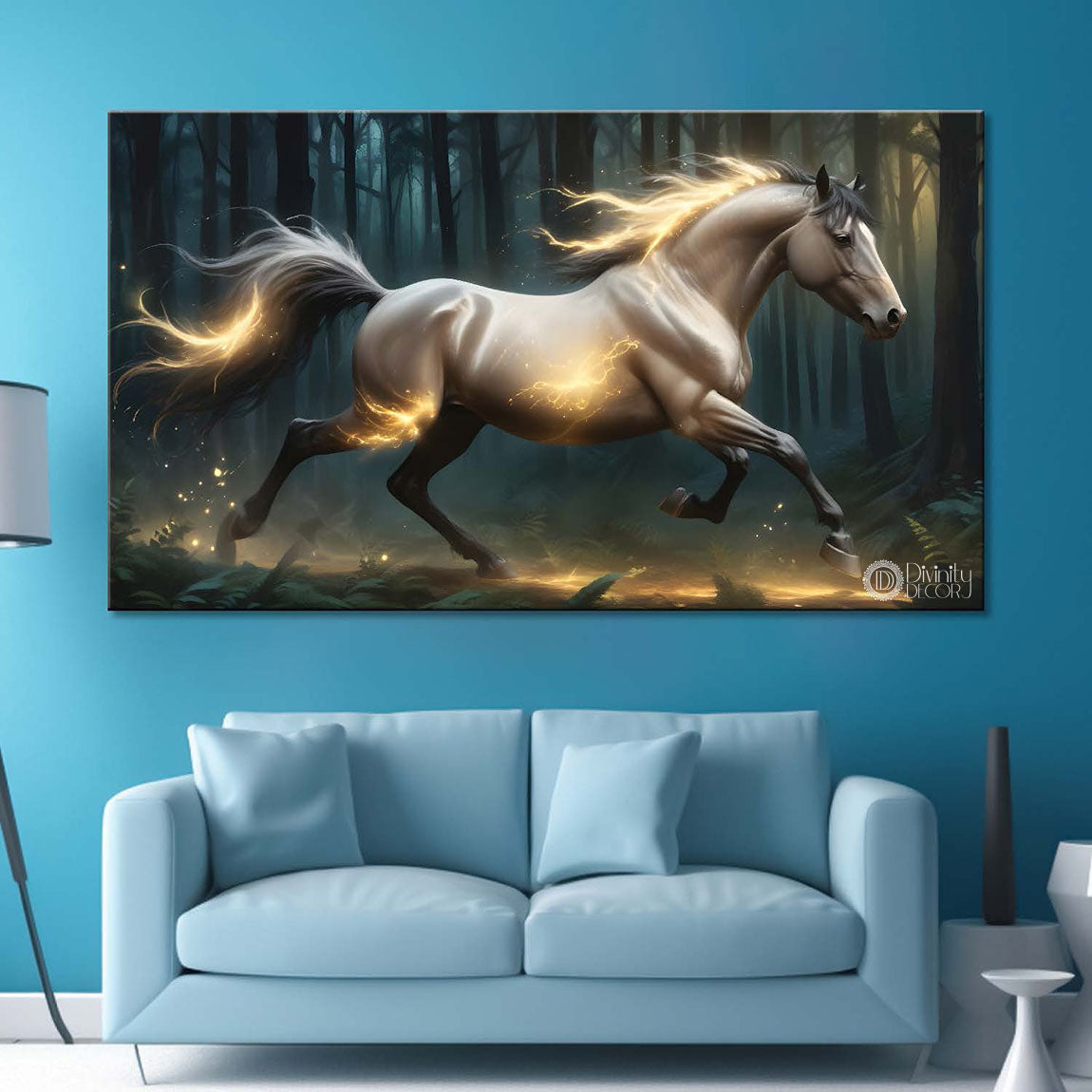 Grey running horse with yellow detailing and trees in textured background art Canvas Painting - Design - Horse-101