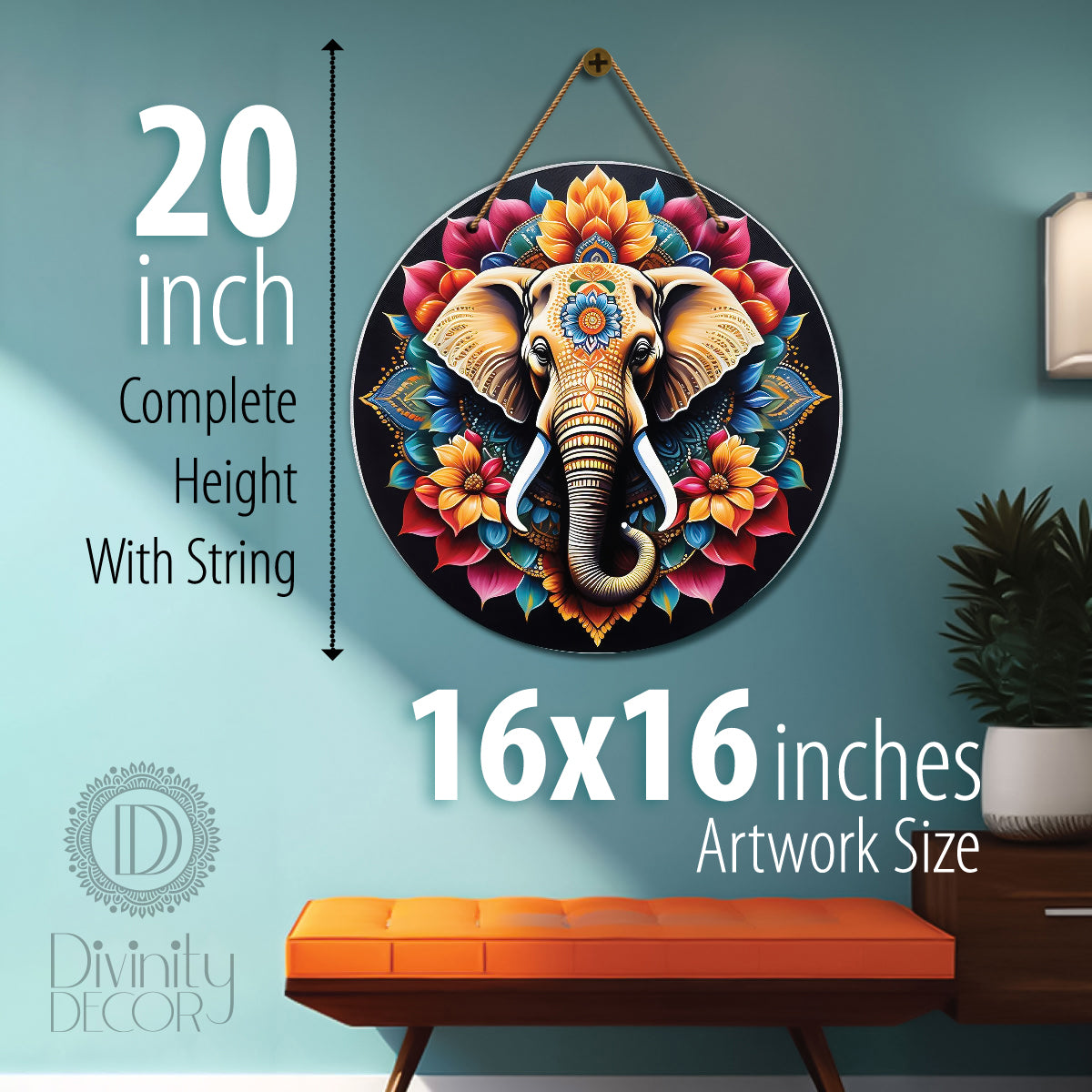 Elephant in floral and black mandala Round Wooden Wall Hanging for wall Décor - Design - 101