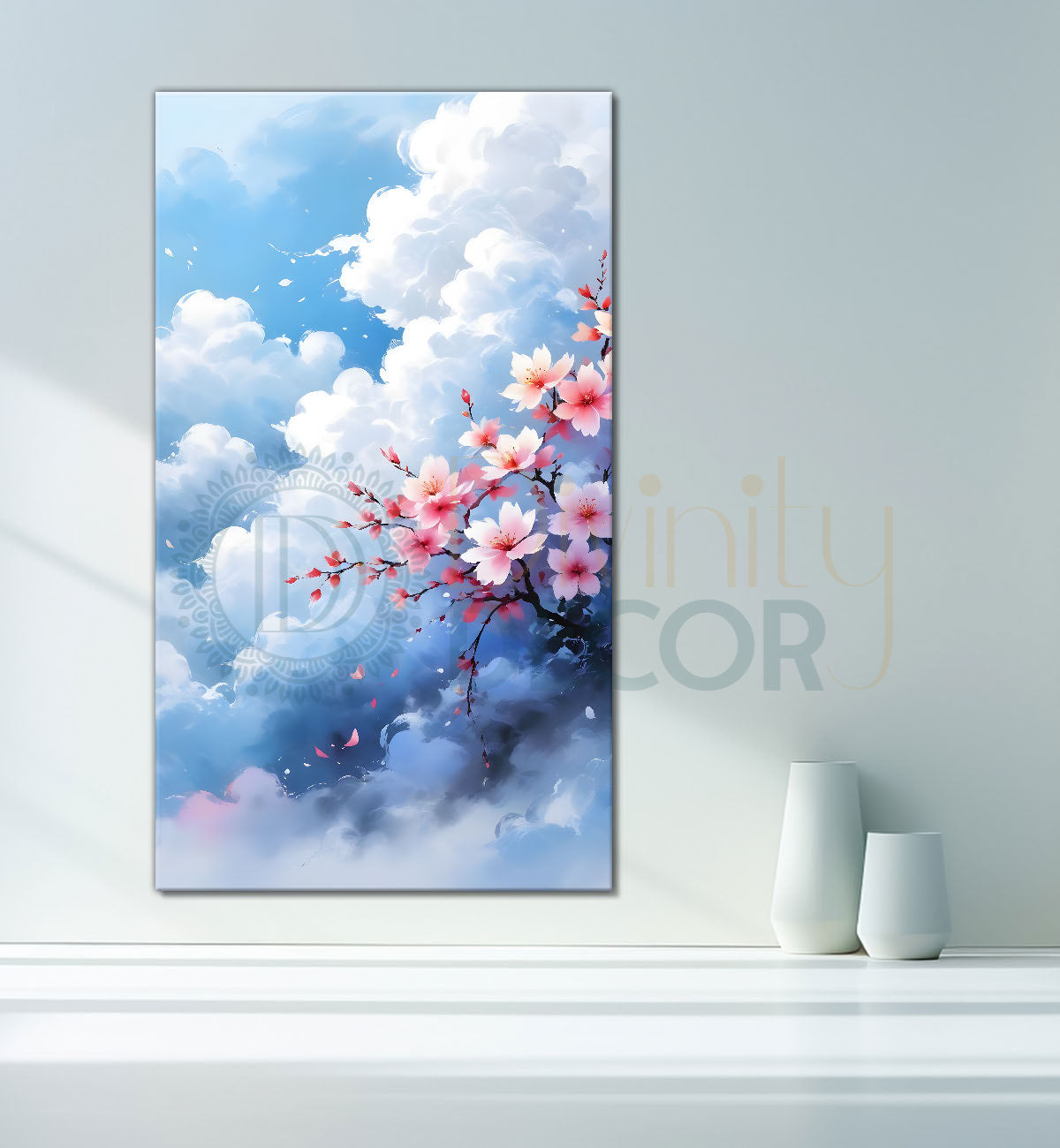 Clouds with beautiful pink flowers textured painting Canvas Painting - Nature Art -V-101