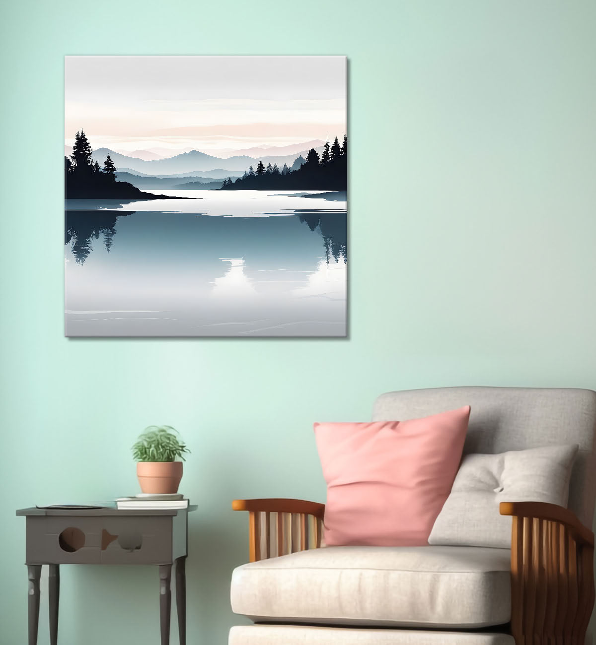 Mountains with river and trees water colour painting  24X24 - Nature Art -S-101