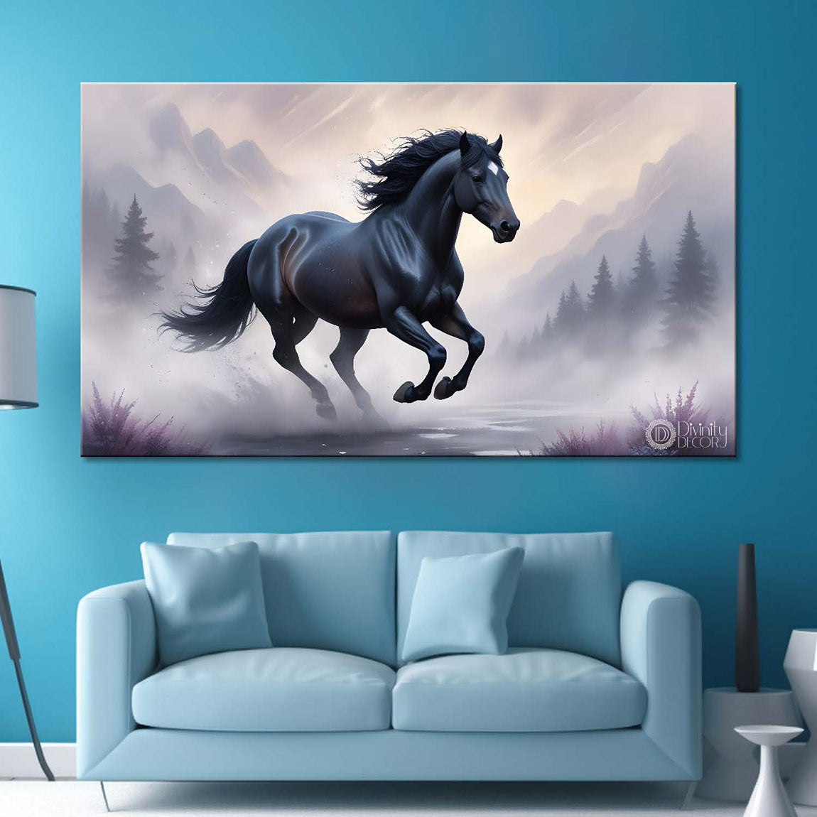 Black running horse with mountains and trees in white textured background art Canvas Painting - Design - Horse-102