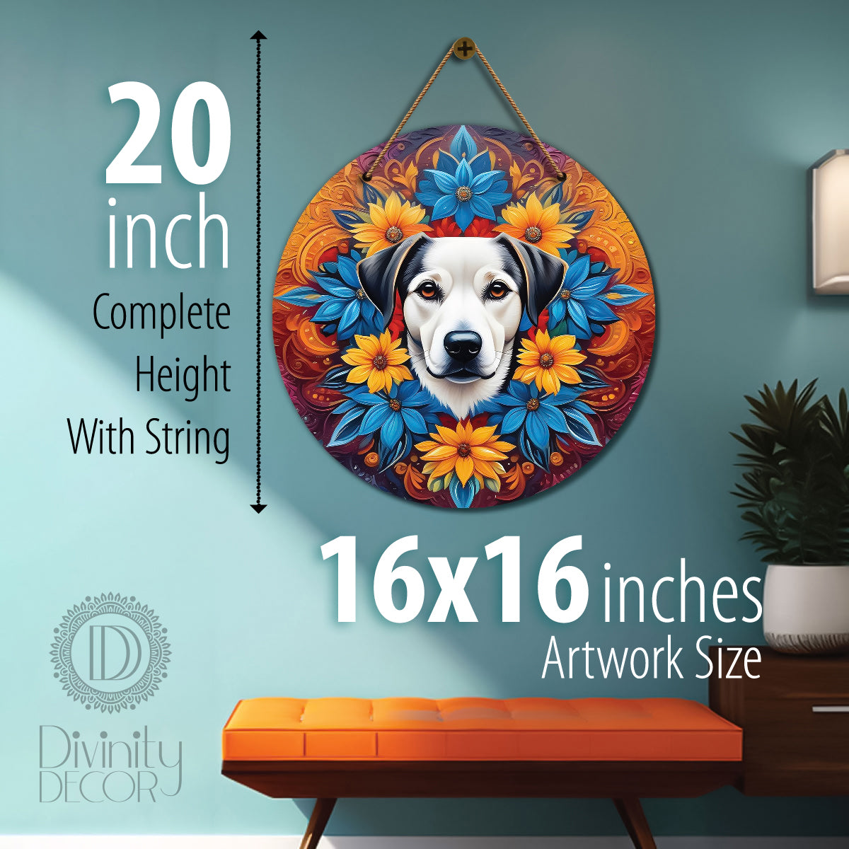 Dog in blue and floral mandala Round Wooden Wall Hanging for wall Décor - Design - 102