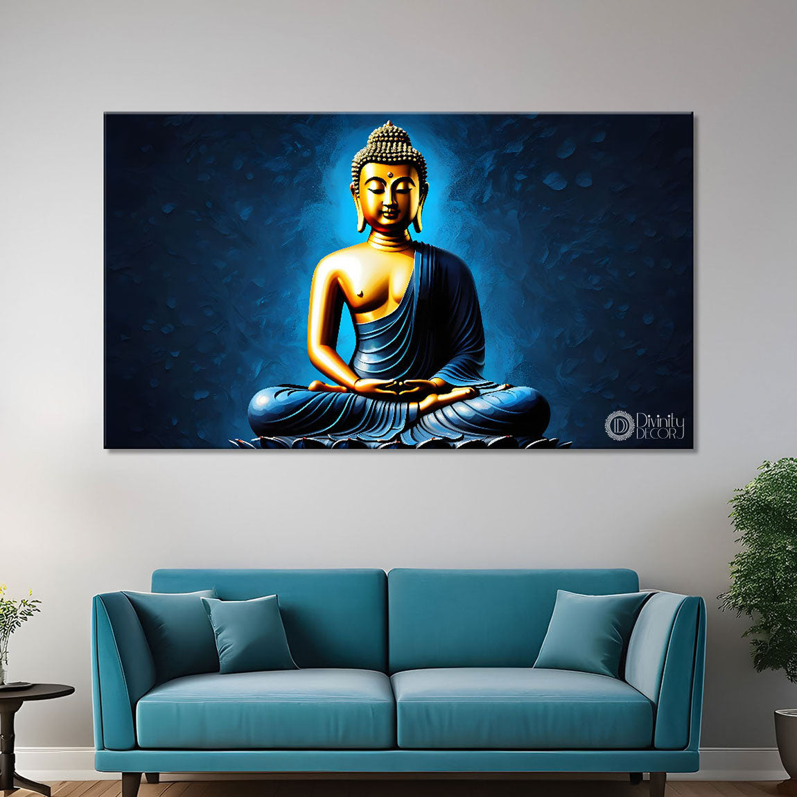 Golden buddha in blue textured background painting Canvas Wall Painting - Buddha-102