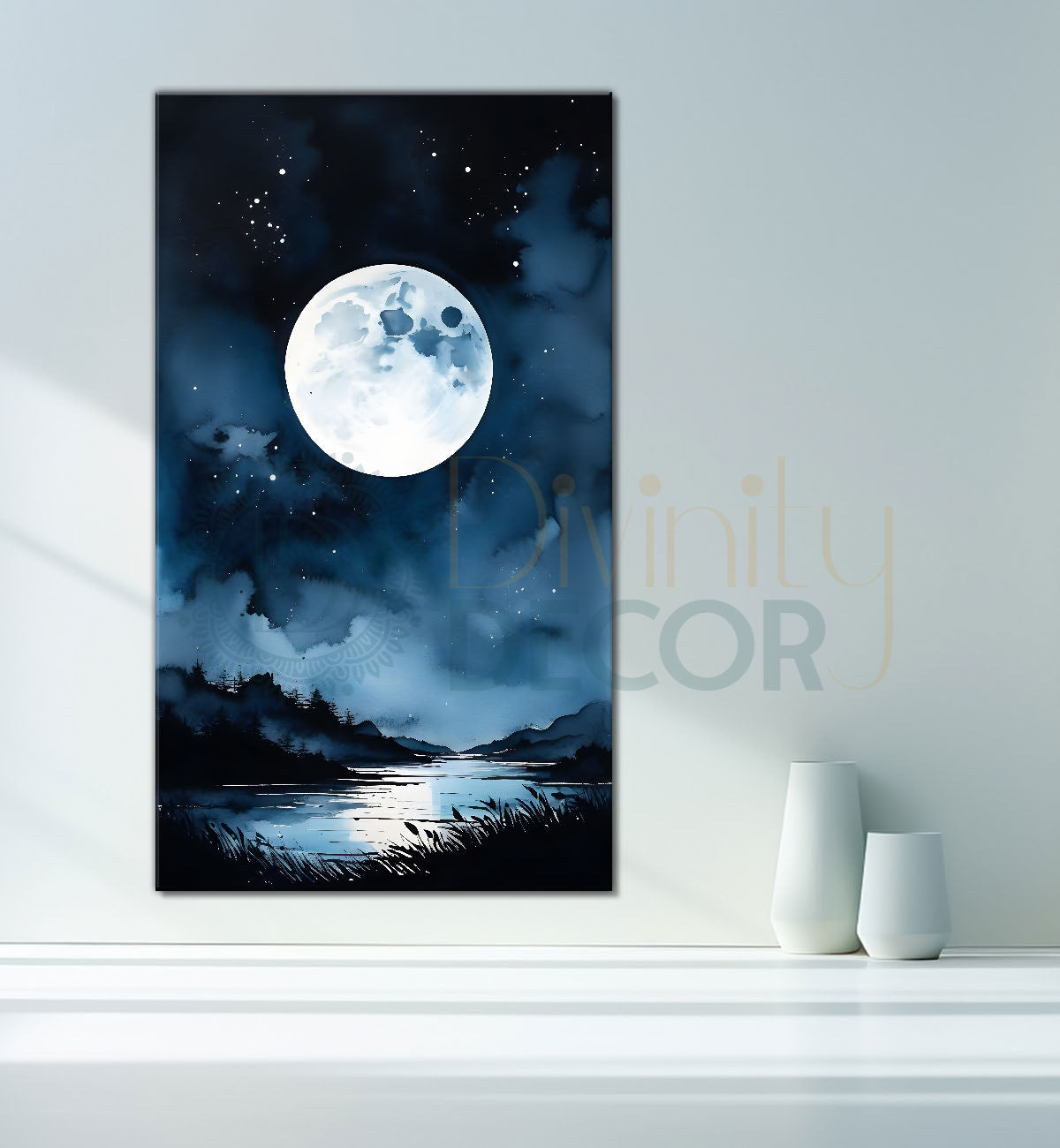 Lake with mountains and moon with dark textured painting Canvas Painting - Nature Art -V-102