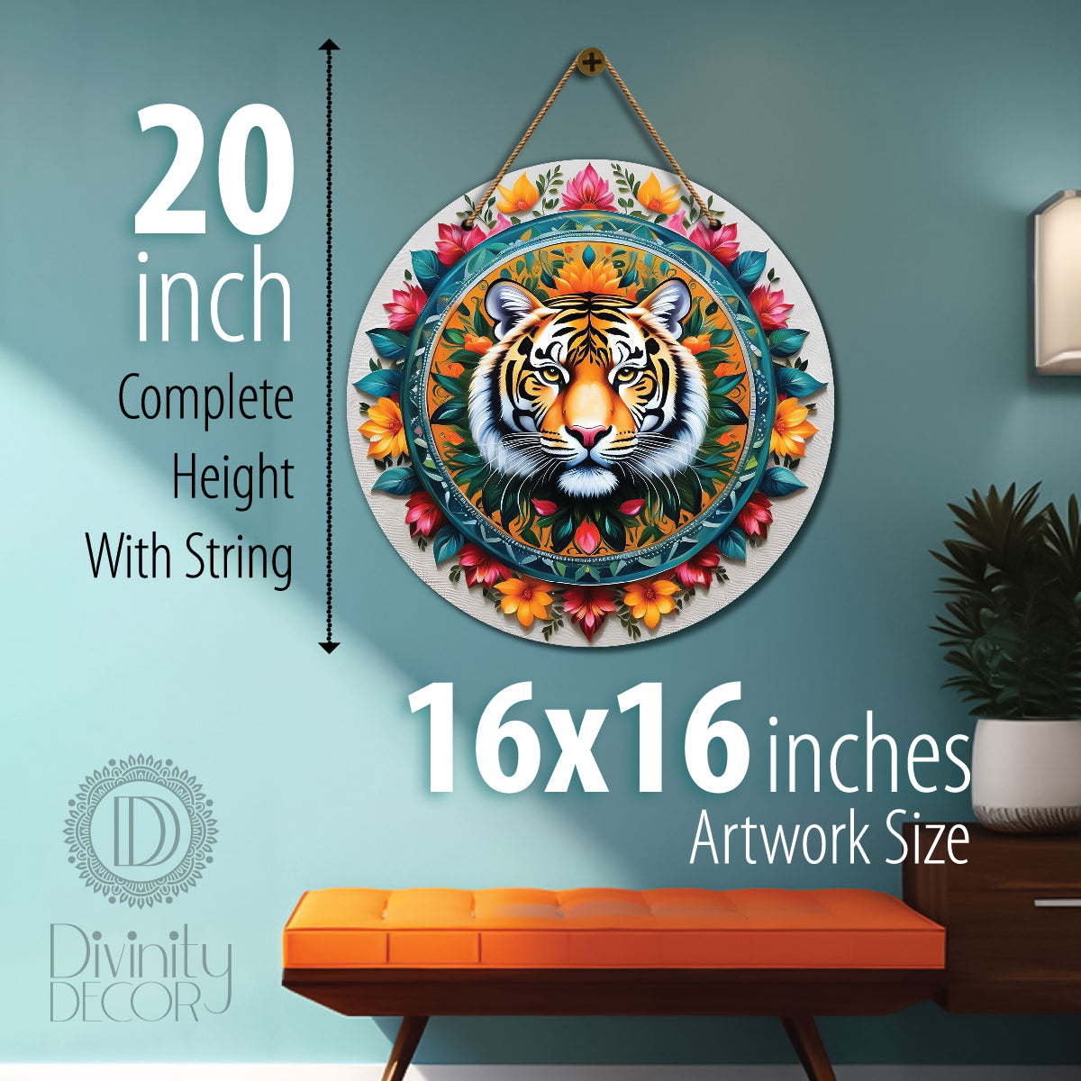 Tiger in green and floral mandala Round Wooden Wall Hanging for wall Décor - Design - 103