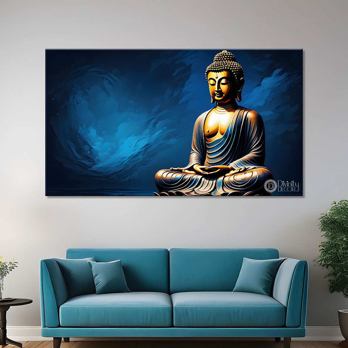Golden buddha in blue textured background painting Canvas Wall Painting - Buddha-103