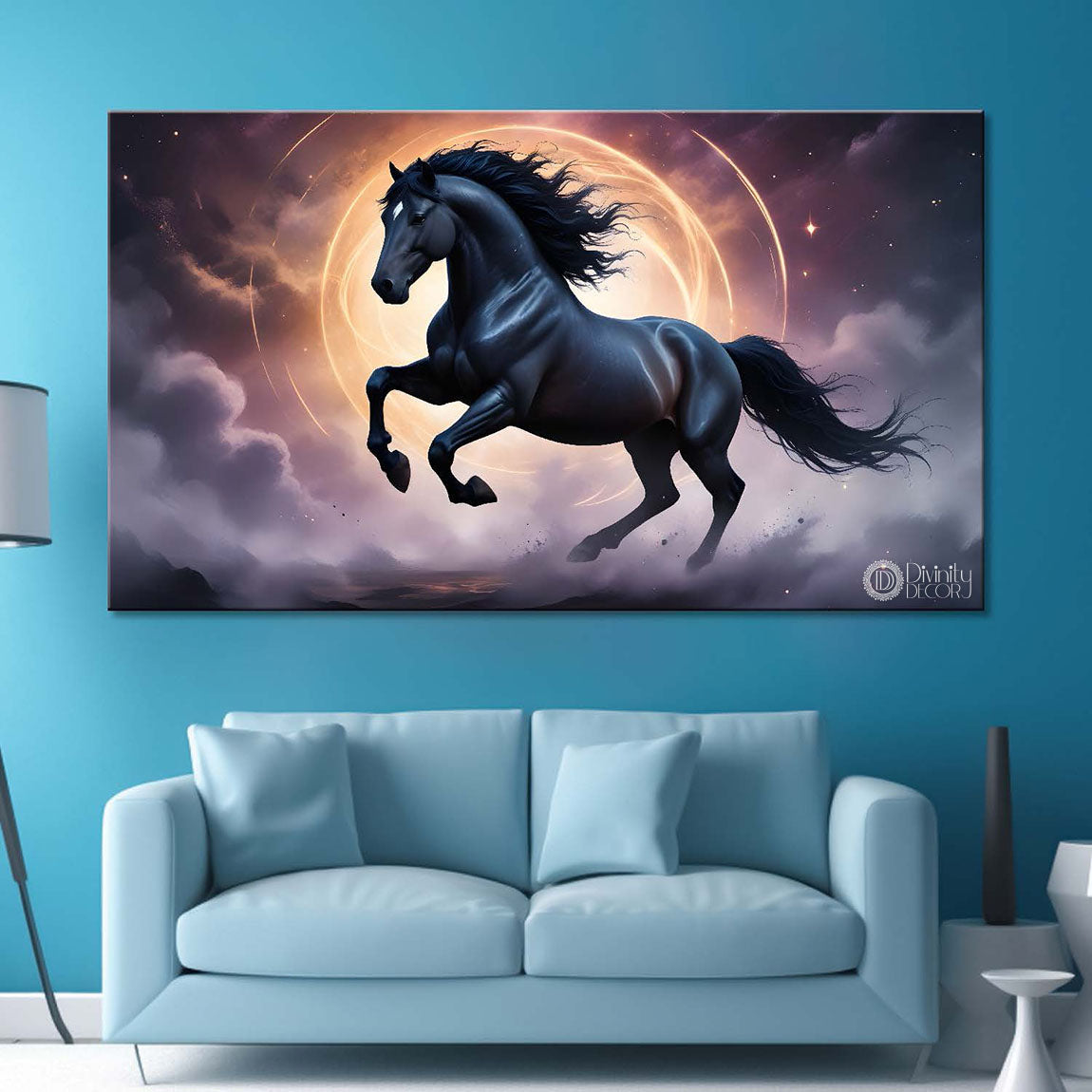 Black running horse with yellow chakra and grey textured background art Canvas Painting - Design - Horse-104