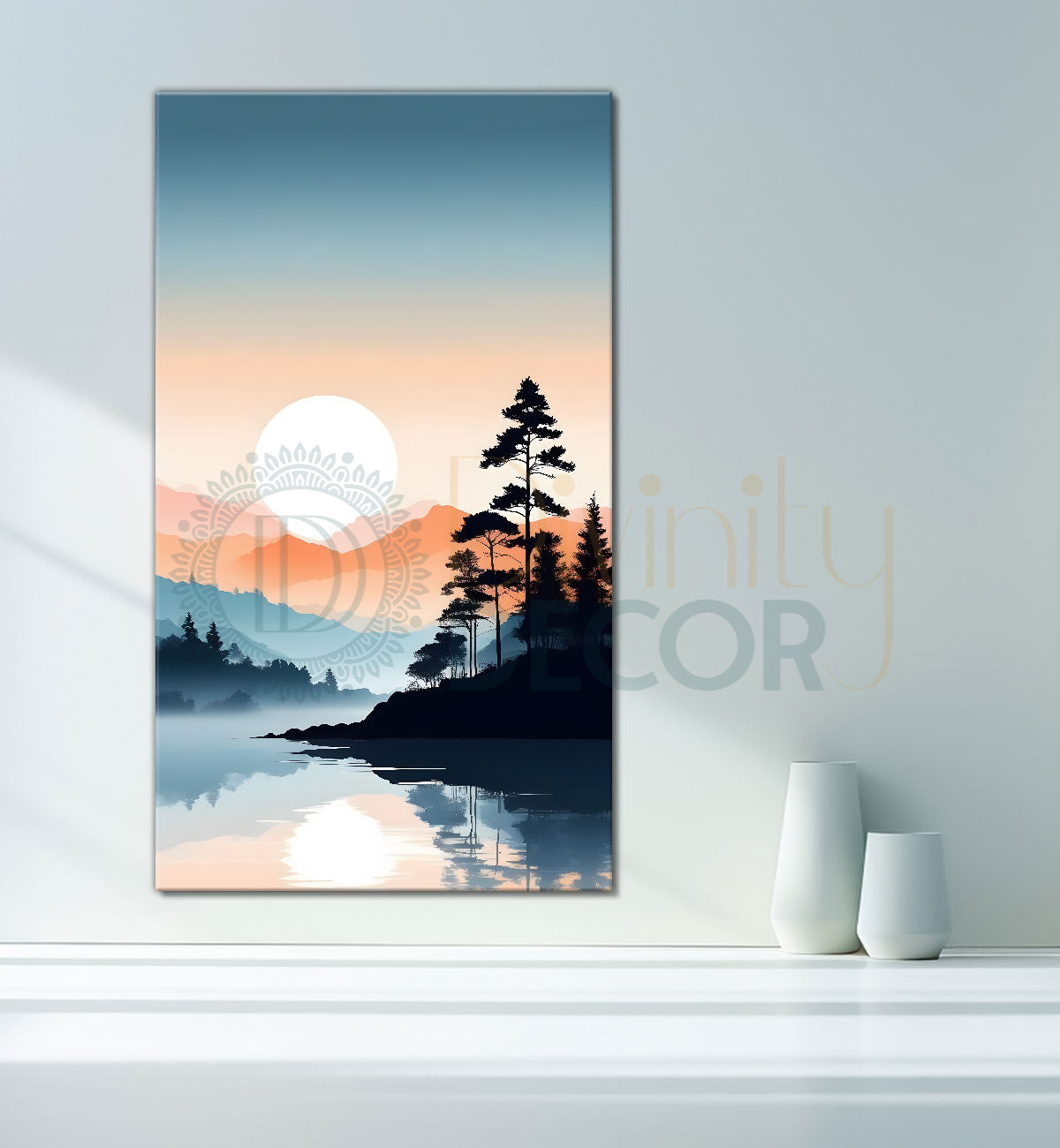 Mountains with sun and tree in textured water colour paintijng Canvas Painting - Nature Art -V-104