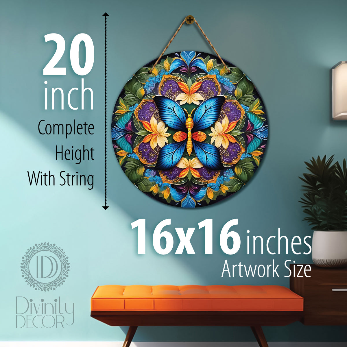 Butterfly in green and blue mandala Round Wooden Wall Hanging for wall Décor - Design - 104