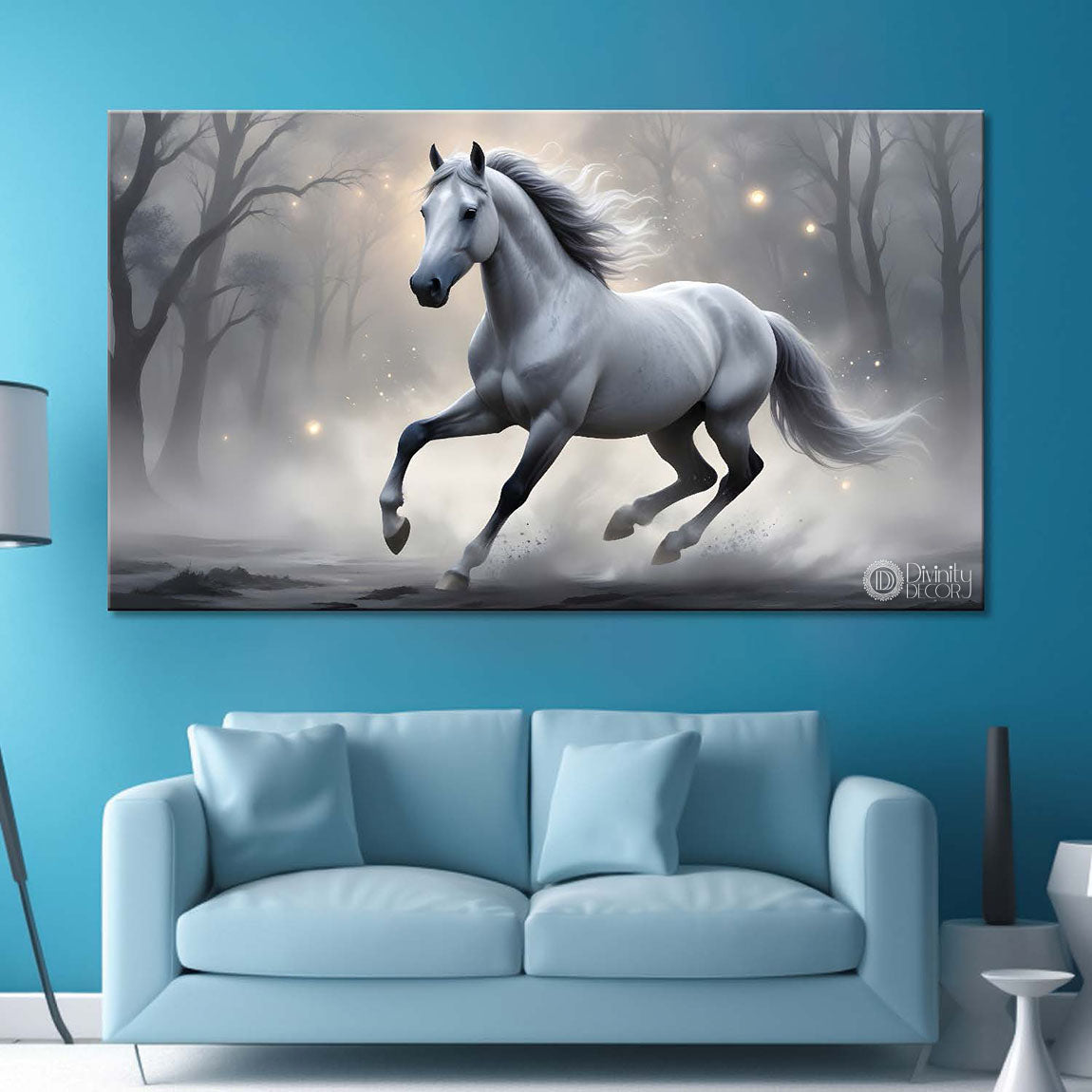 White running horse with trees and white textured background art Canvas Painting - Design - Horse-105