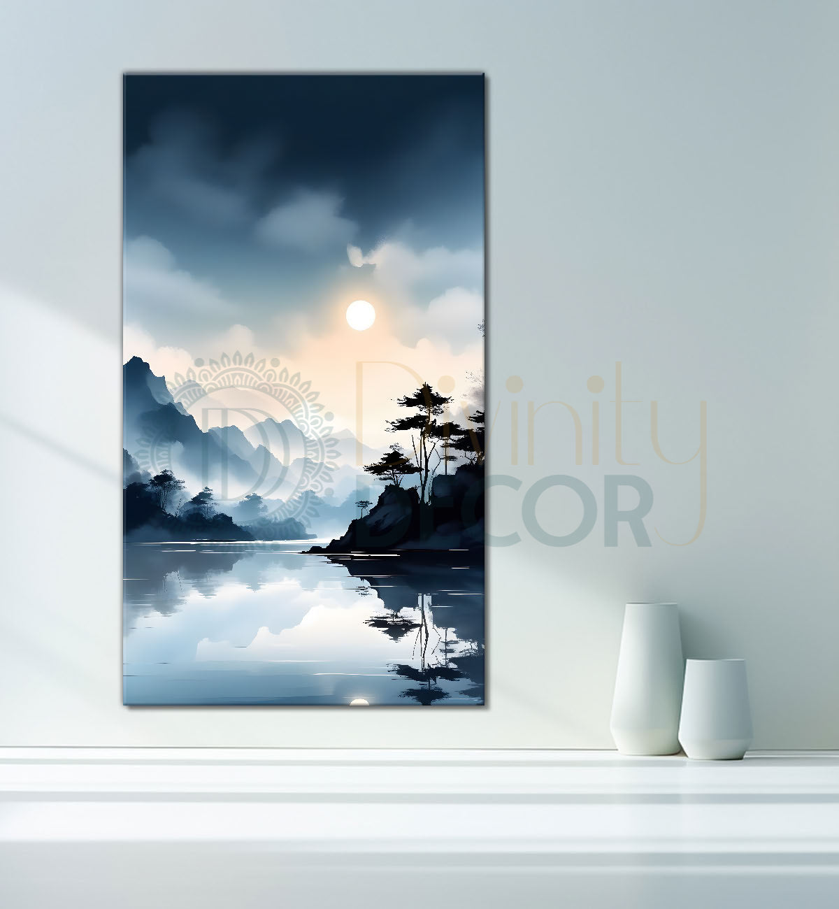 Mountains with river in cloudy sky in textured water colour painting Canvas Painting - Nature Art -V-105