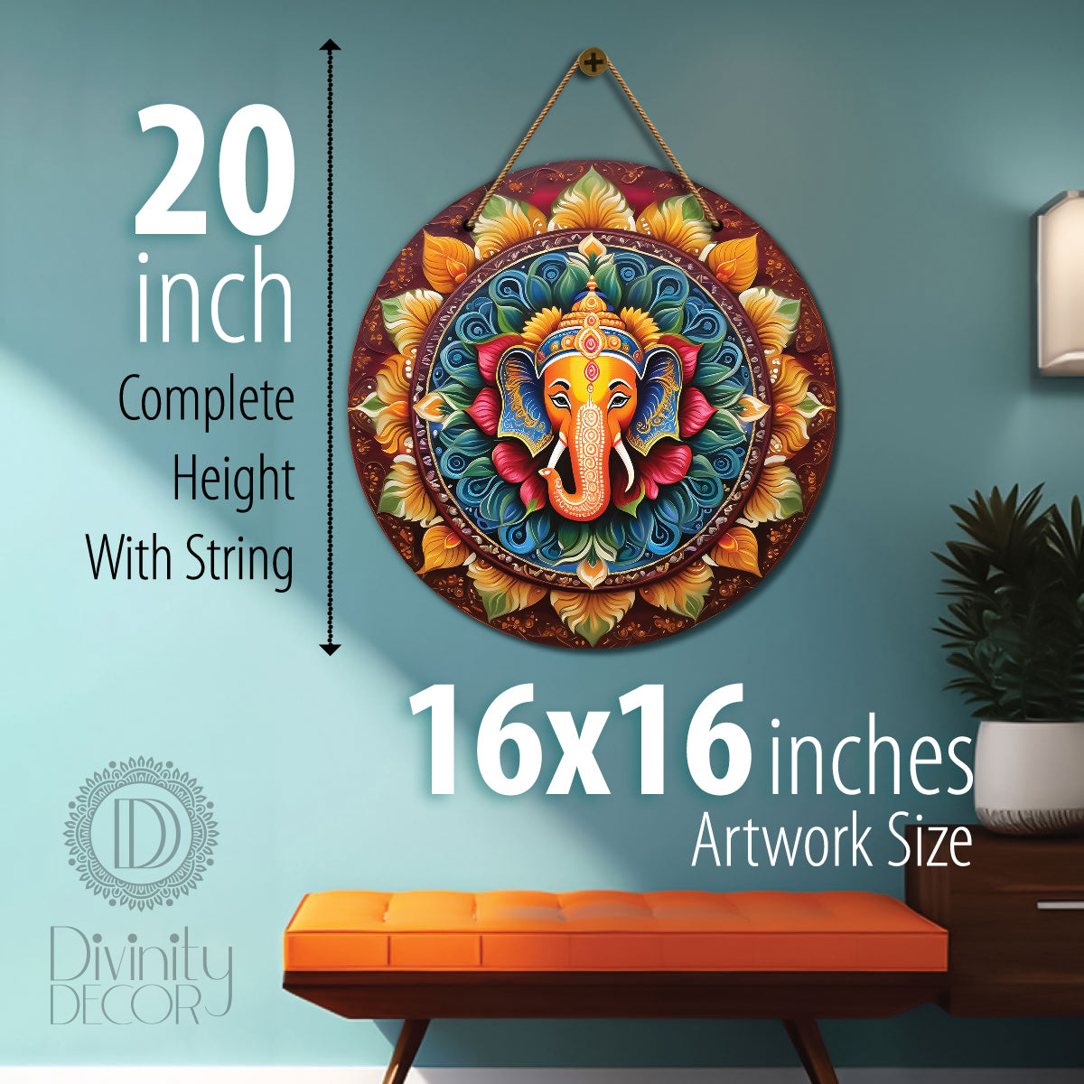 Ganesh Ji in yellow and blue mandala Round Wooden Wall Hanging for wall Décor - Design - 105