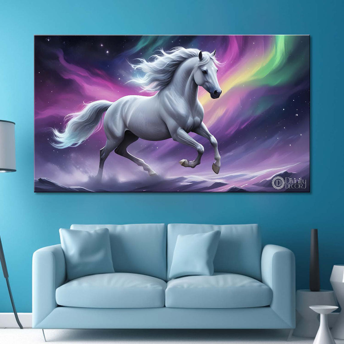 White running horse with purple and green rays textured background art Canvas Painting - Design - Horse-106