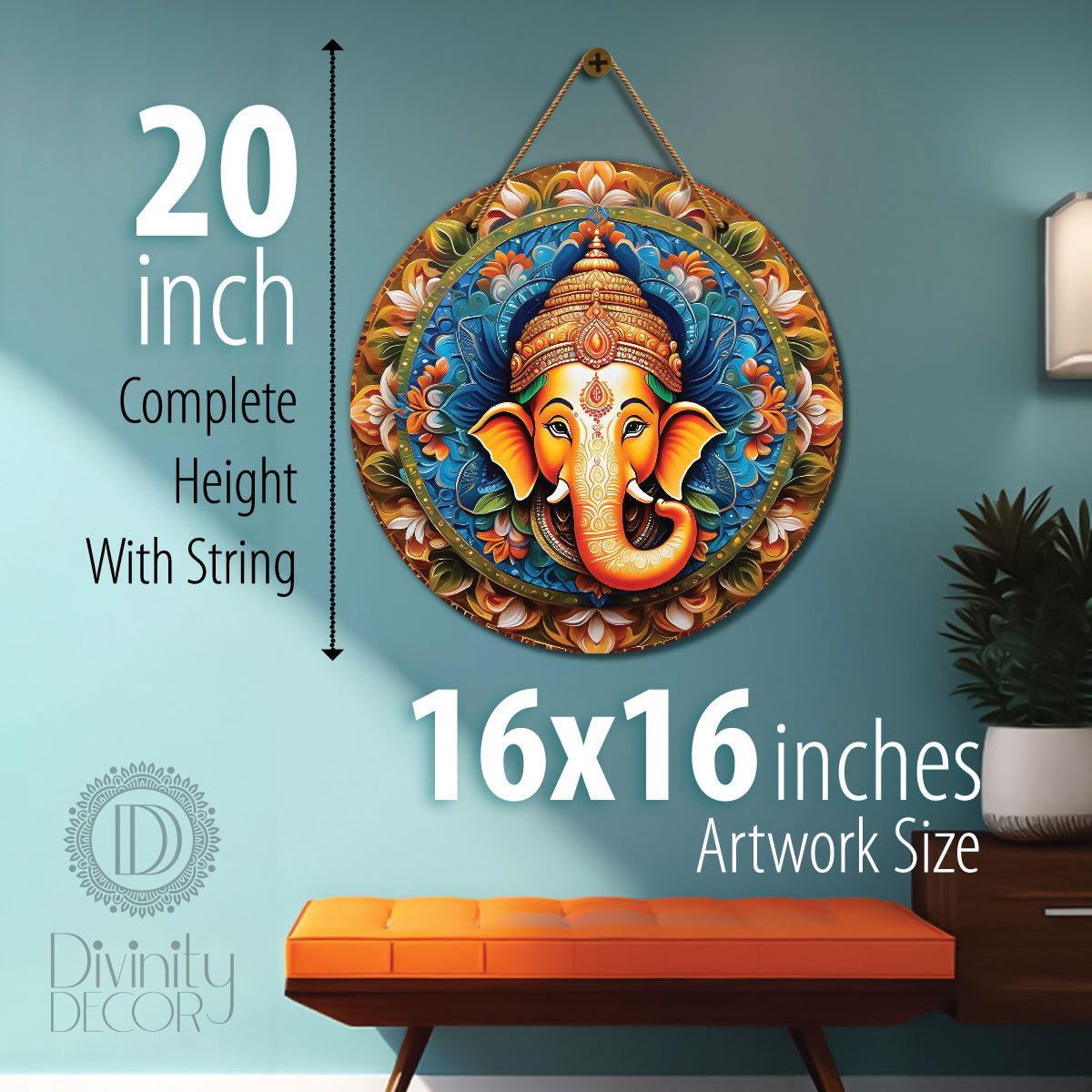 Ganesh Ji in blue and brown mandala Round Wooden Wall Hanging for wall Décor - Design - 106