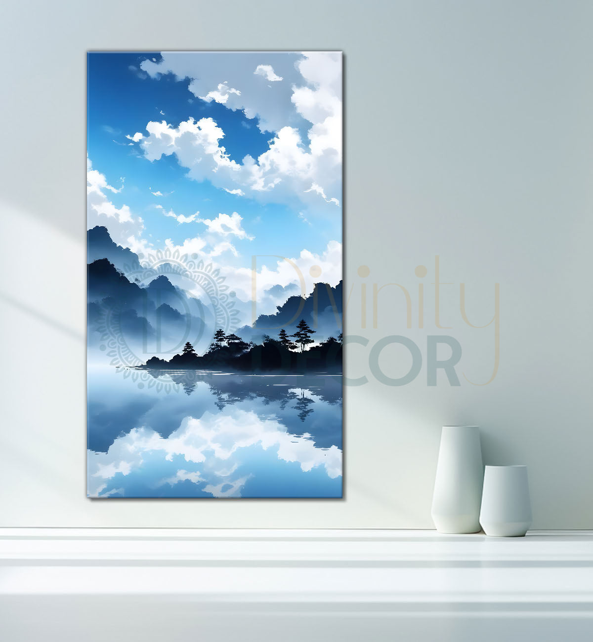 Mountains with river in cloudy sky in textured water colour painting Canvas Painting - Nature Art -V-106