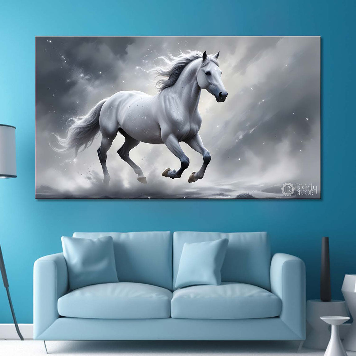 White running horse with grey textured background art Canvas Painting - Design - Horse-107