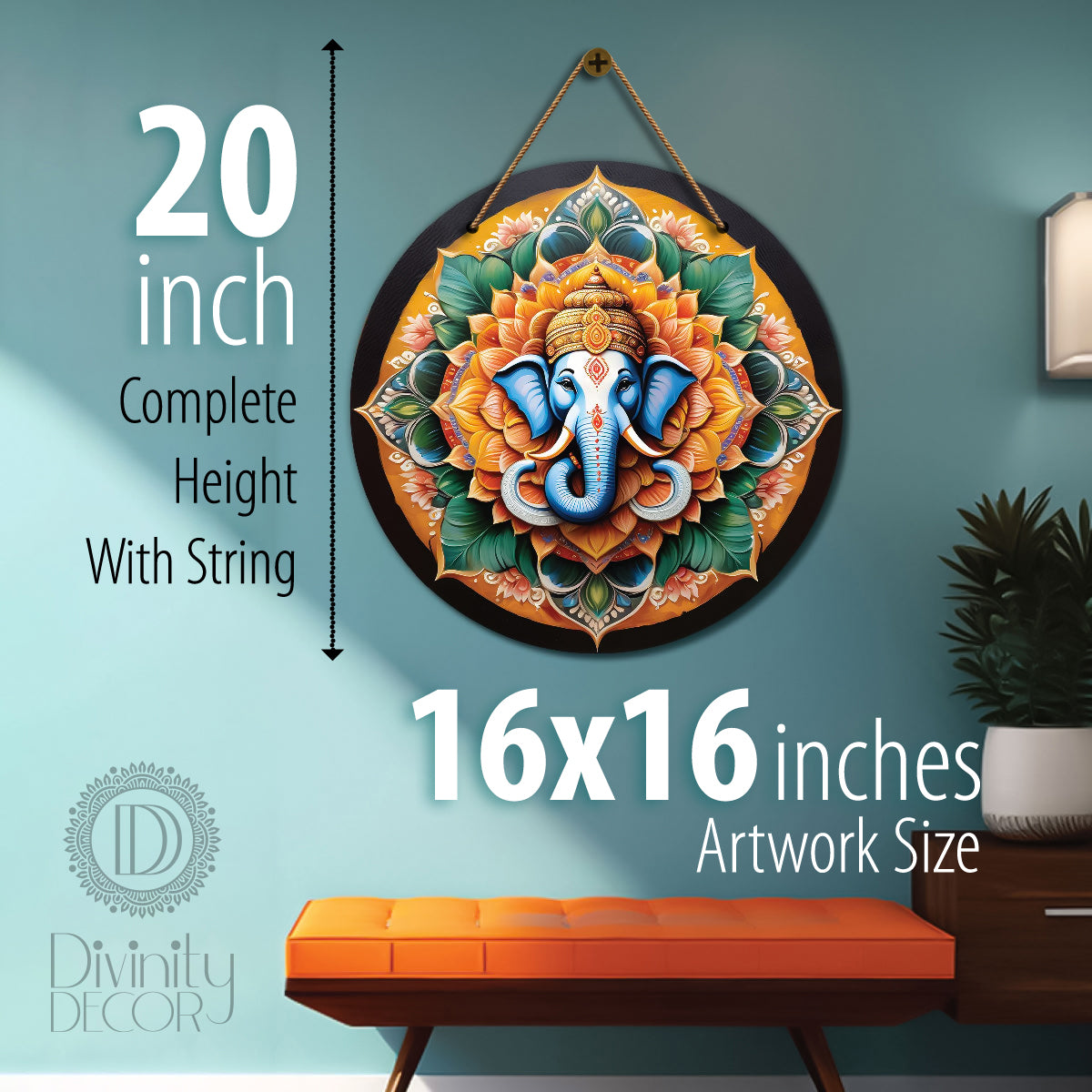 Ganesh Ji in green and yellow mandala Round Wooden Wall Hanging for wall Décor - Design - 107