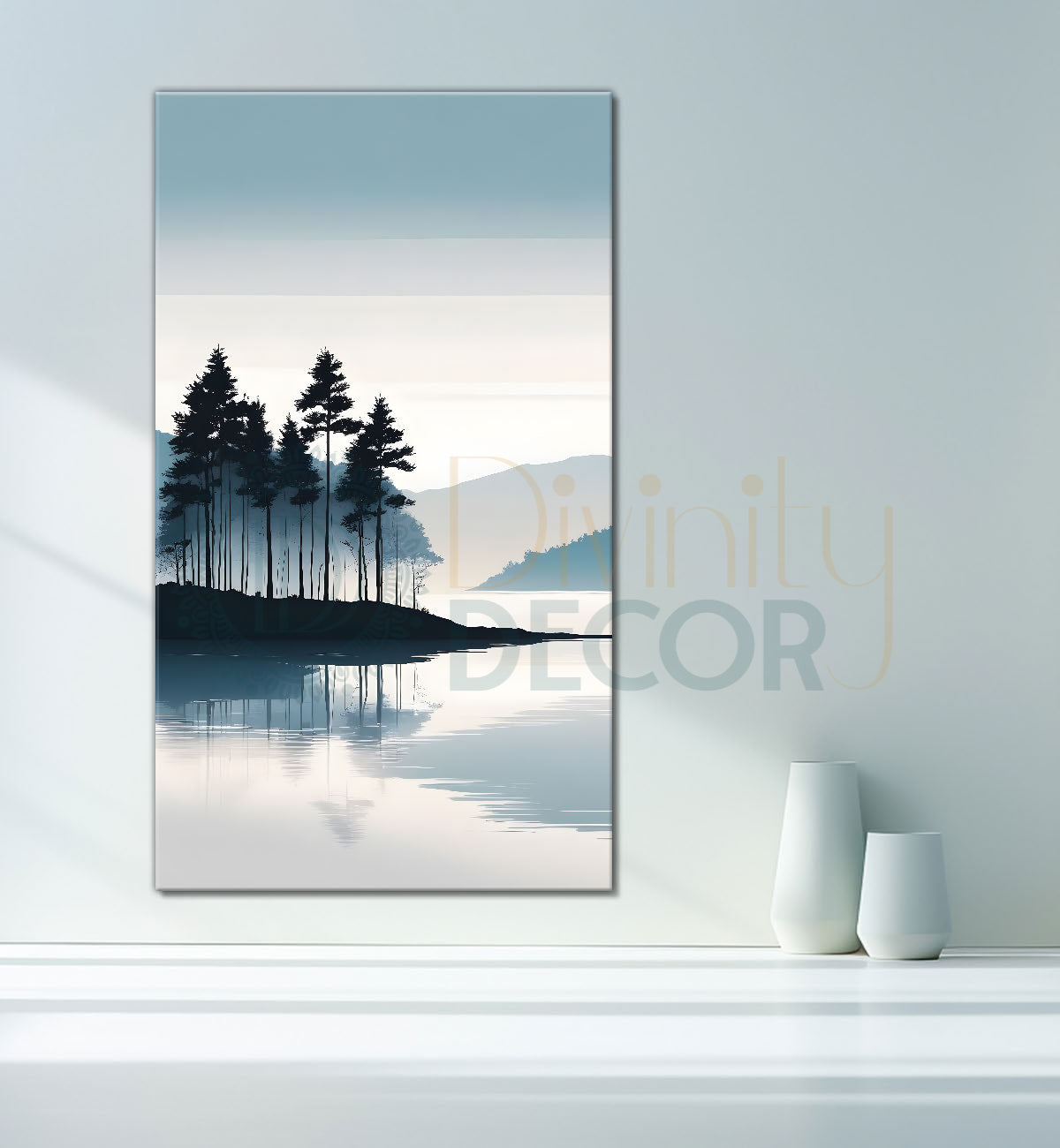 Mountains with river and trees in textured water colour painting Canvas Painting - Nature Art -V-107