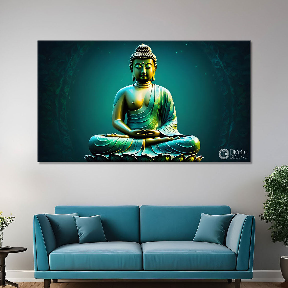 Golden buddha in green textured painting Canvas Wall Painting - Buddha-107