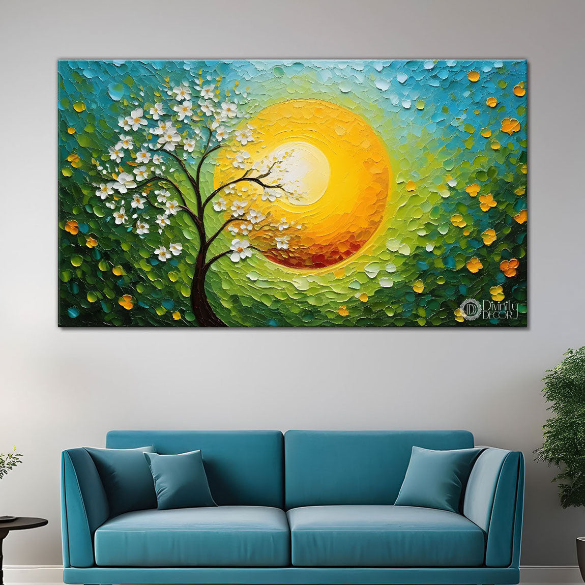 White flower tree in textured background oil painting - Design - Tree-107