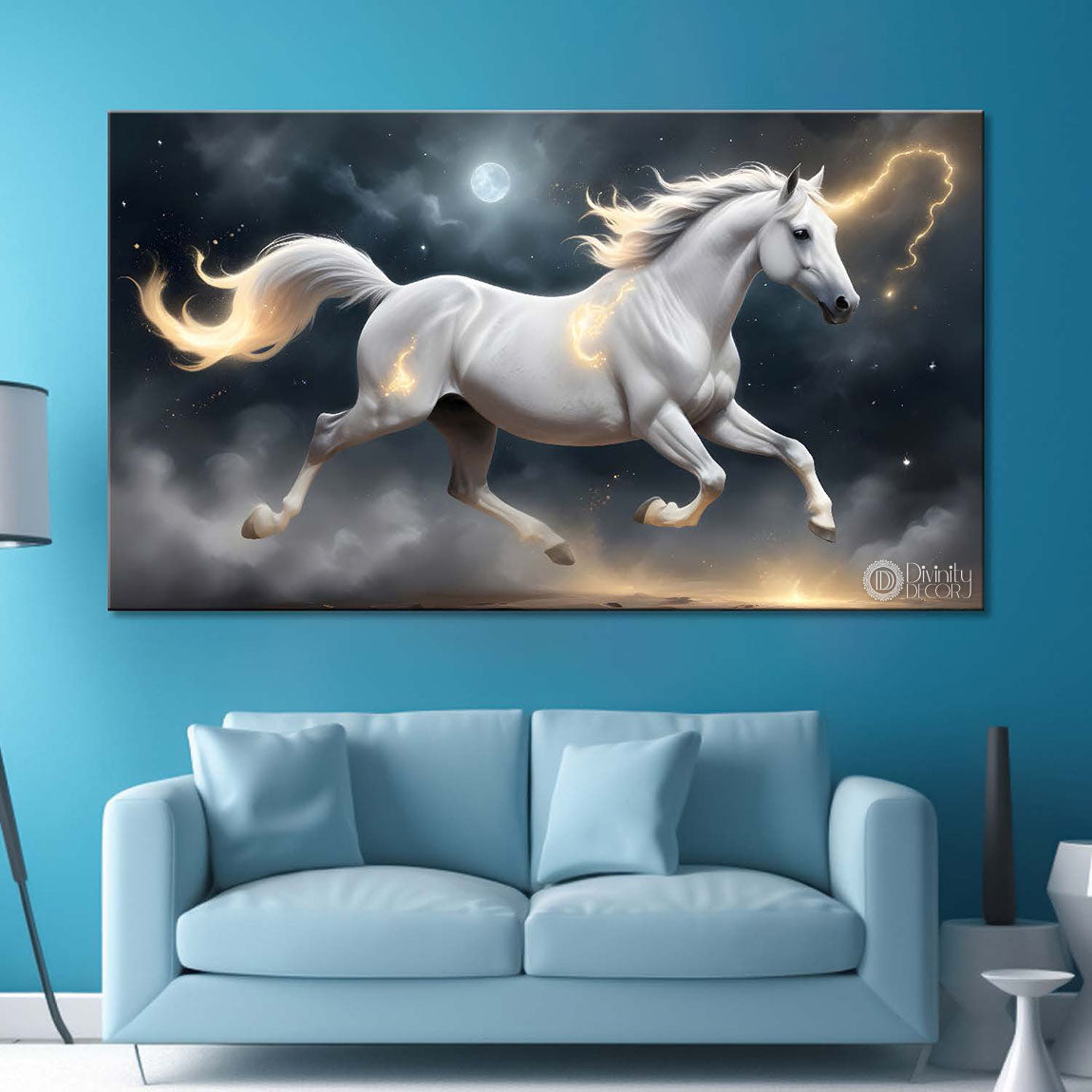 White running horse with yellow detailing and moon in dark textured background art Canvas Painting - Design - Horse-108