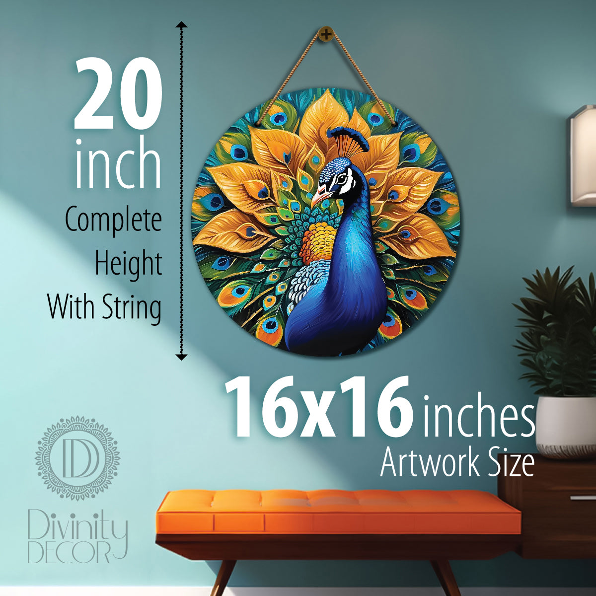 Peacock in green and golden mandala Round Wooden Wall Hanging for wall Décor - Design - 108
