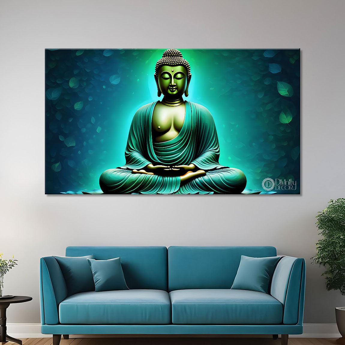 Golden buddha in green textured painting Canvas Wall Painting - Buddha-108