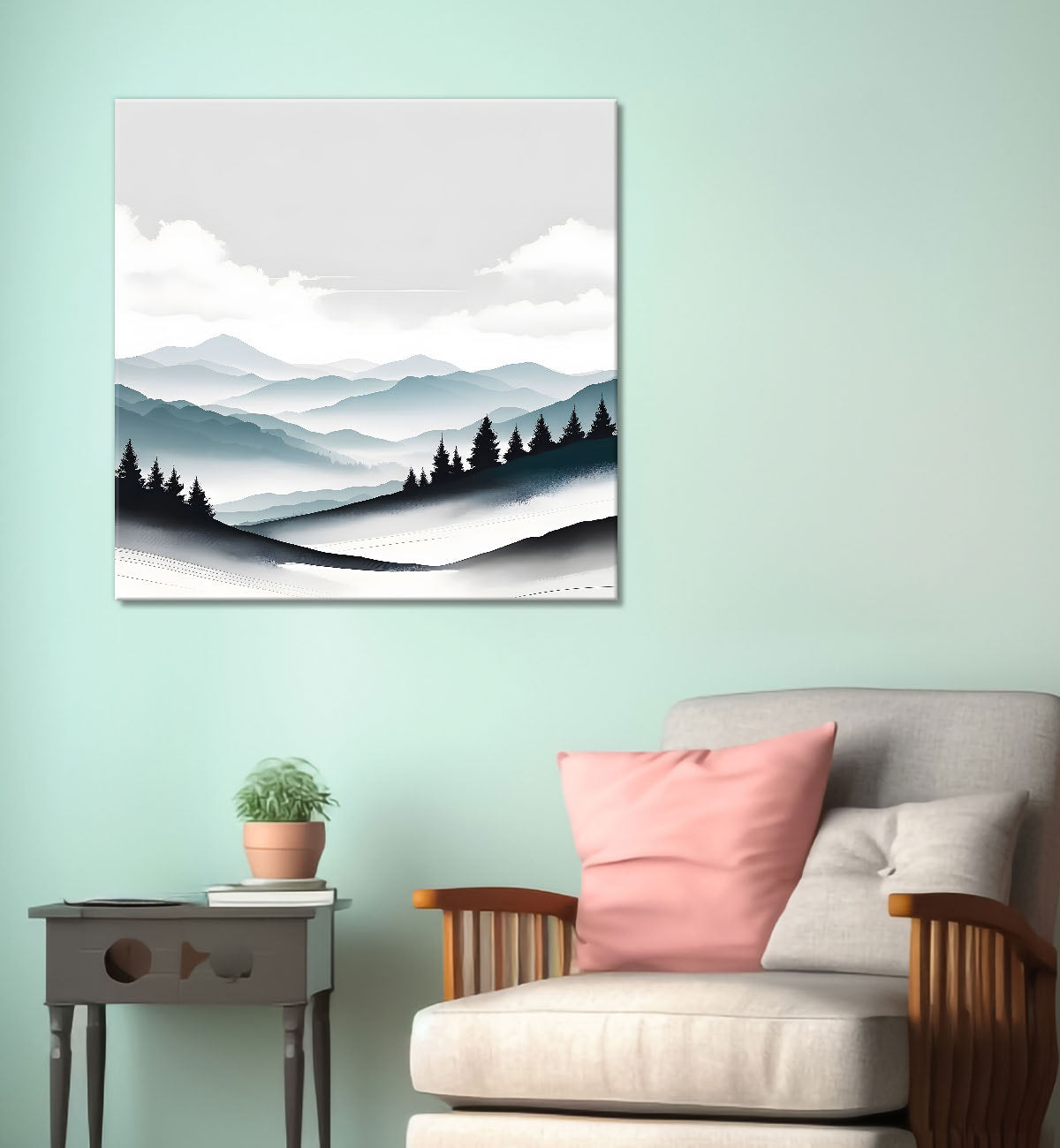 Mountains with trees in textured water colour painting 24X24   - Nature Art -S-108