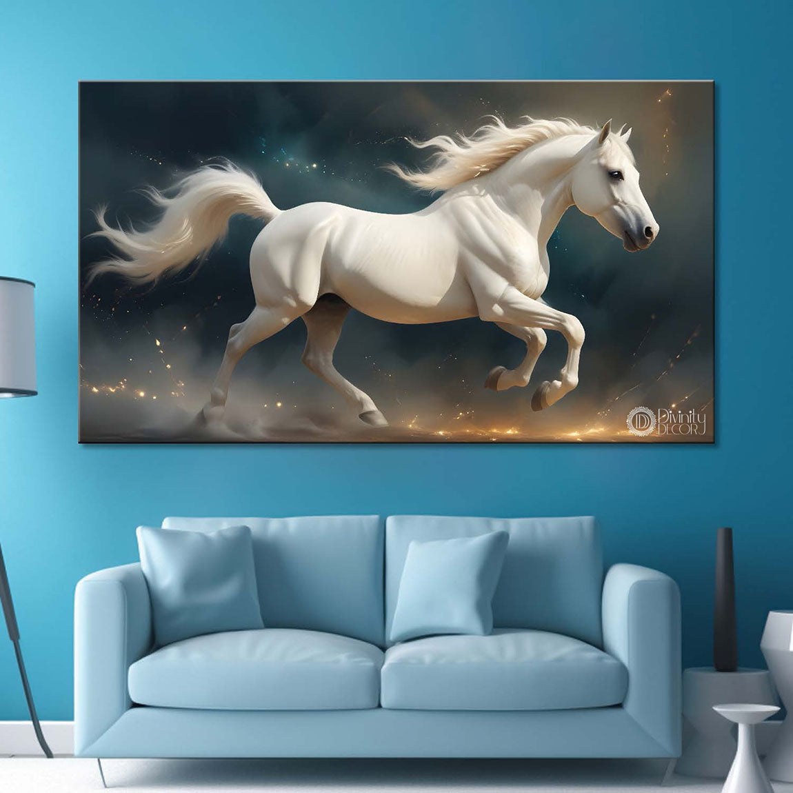 White running horse with yellow detailing in dark textured background art Canvas Painting - Design - Horse-109