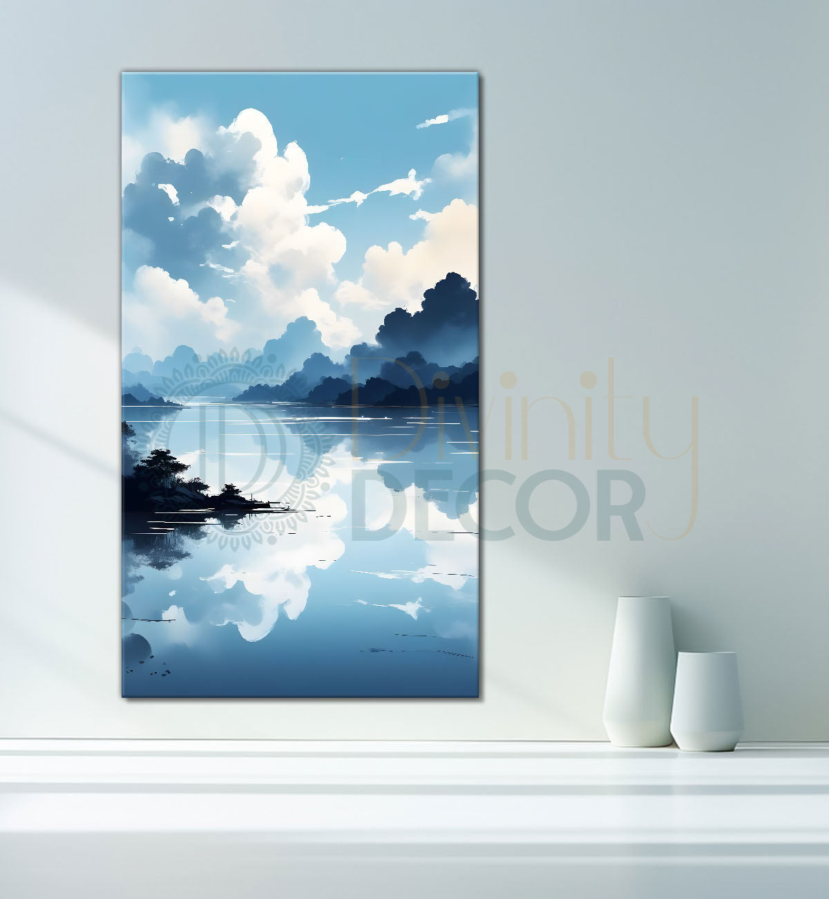 Mountains with river in cloudy sky in textured water colour painting Canvas Painting - Nature Art -V-109