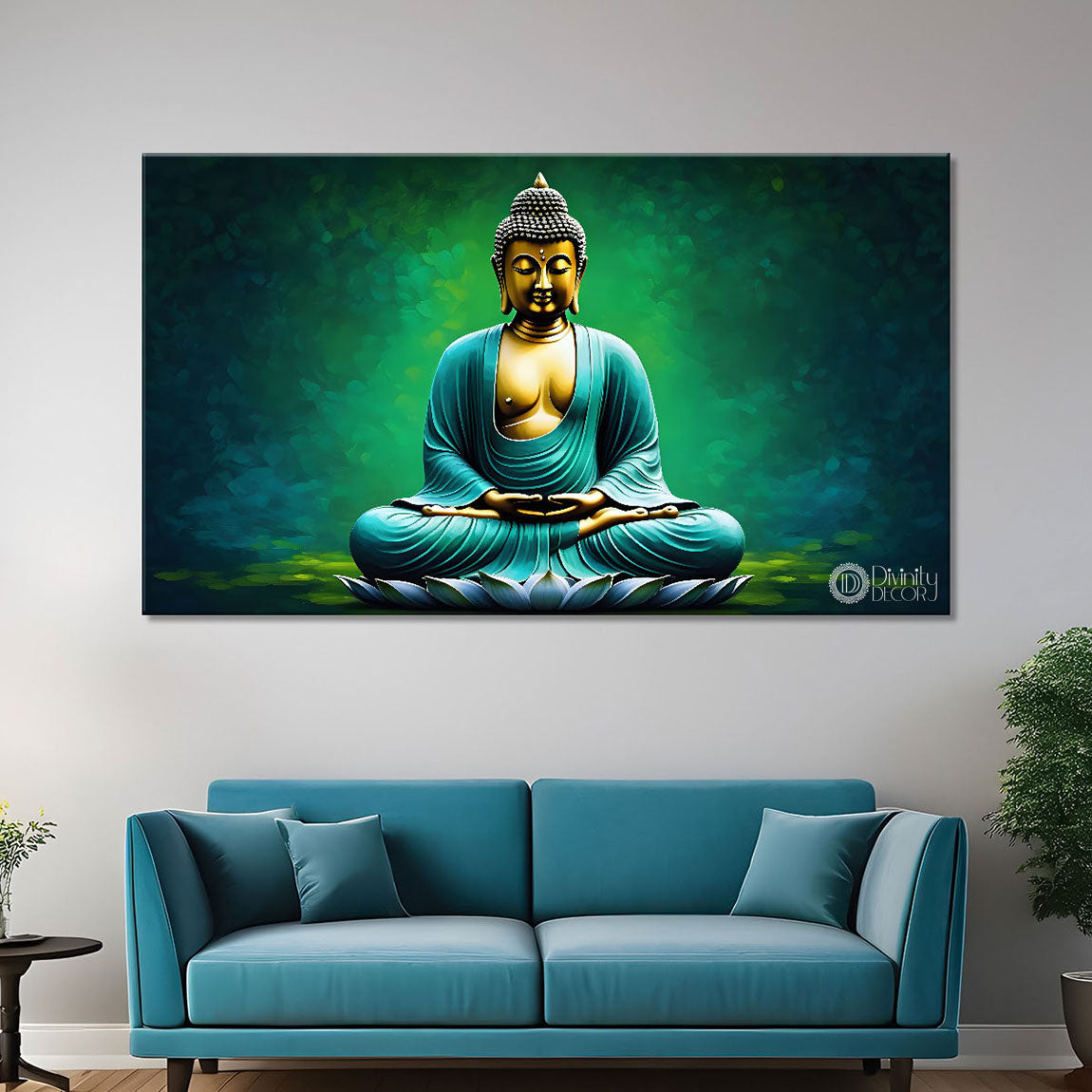 Golden buddha in green textured painting Canvas Wall Painting - Buddha-109