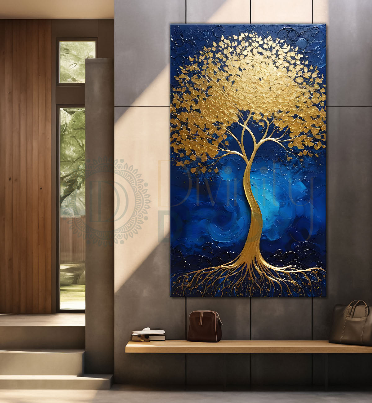 Golden tree in blue texutred background modern art Canvas painting - Tree-V-10