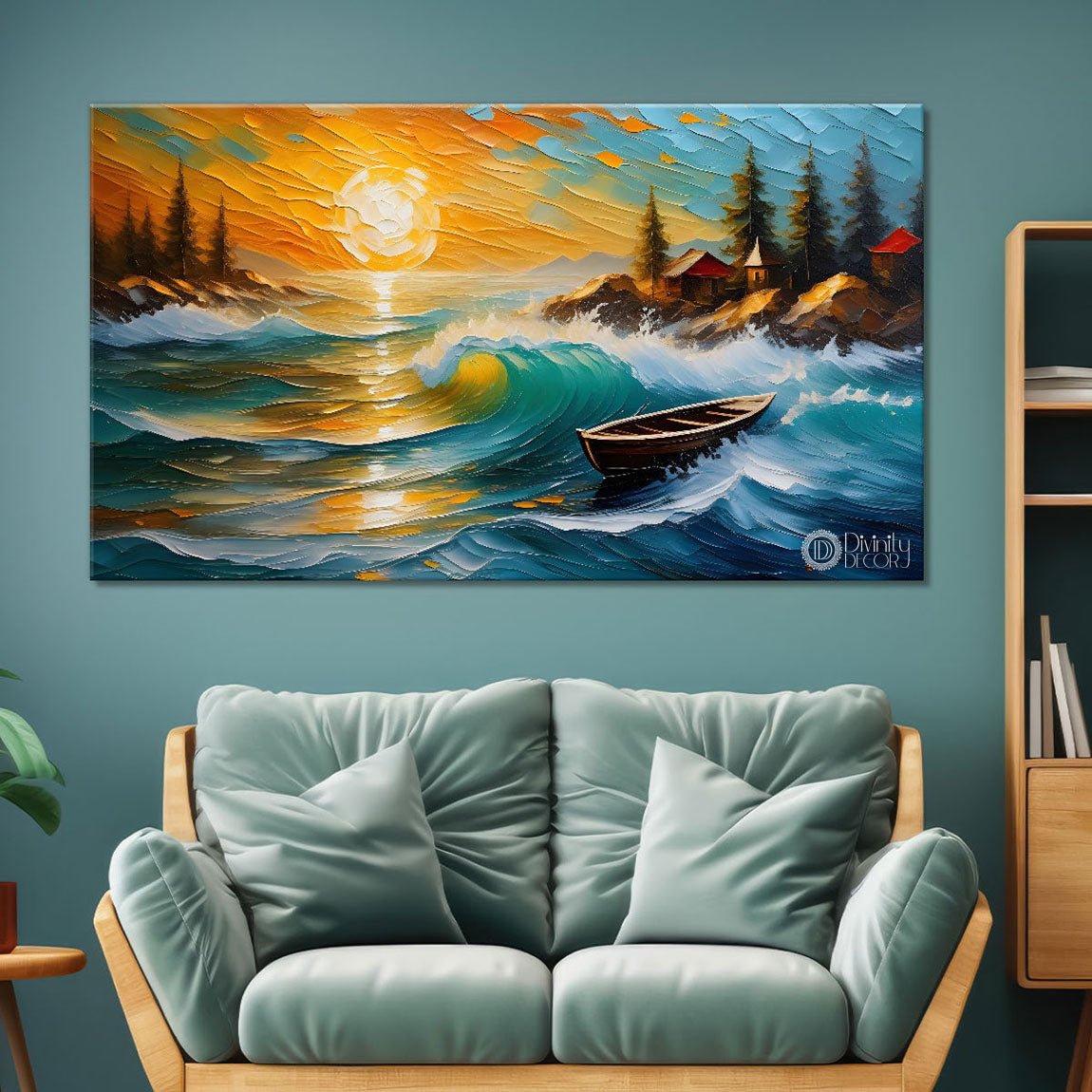 Boat in sea textured modern art canvas painting - Design - River-11