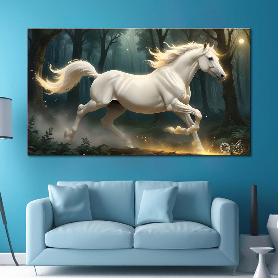 Grey running horse with yellow detailing and trees in textured background art Canvas Painting - Design - Horse-110